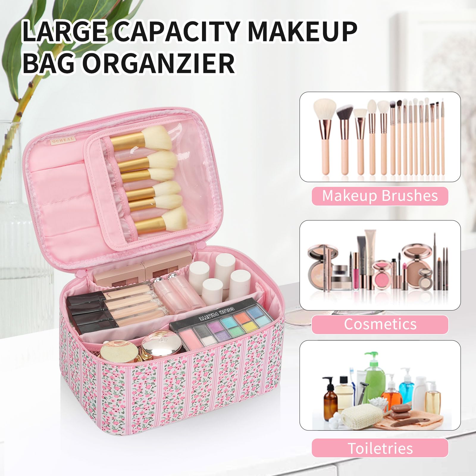 OCHEAL makeup bag waterproof vegan leather for durable travel storage.