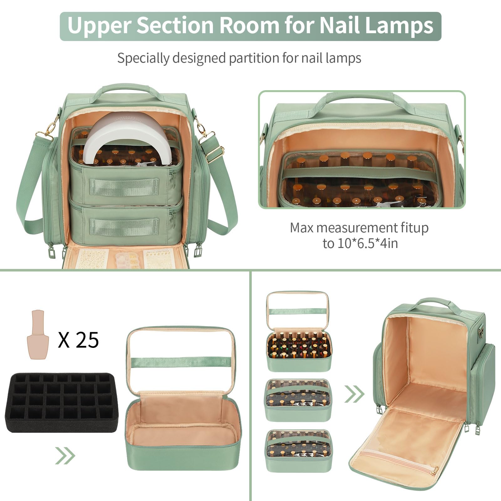 OCHEAL nail polish organizer open compartments showing customizable pockets for bottles and accessories