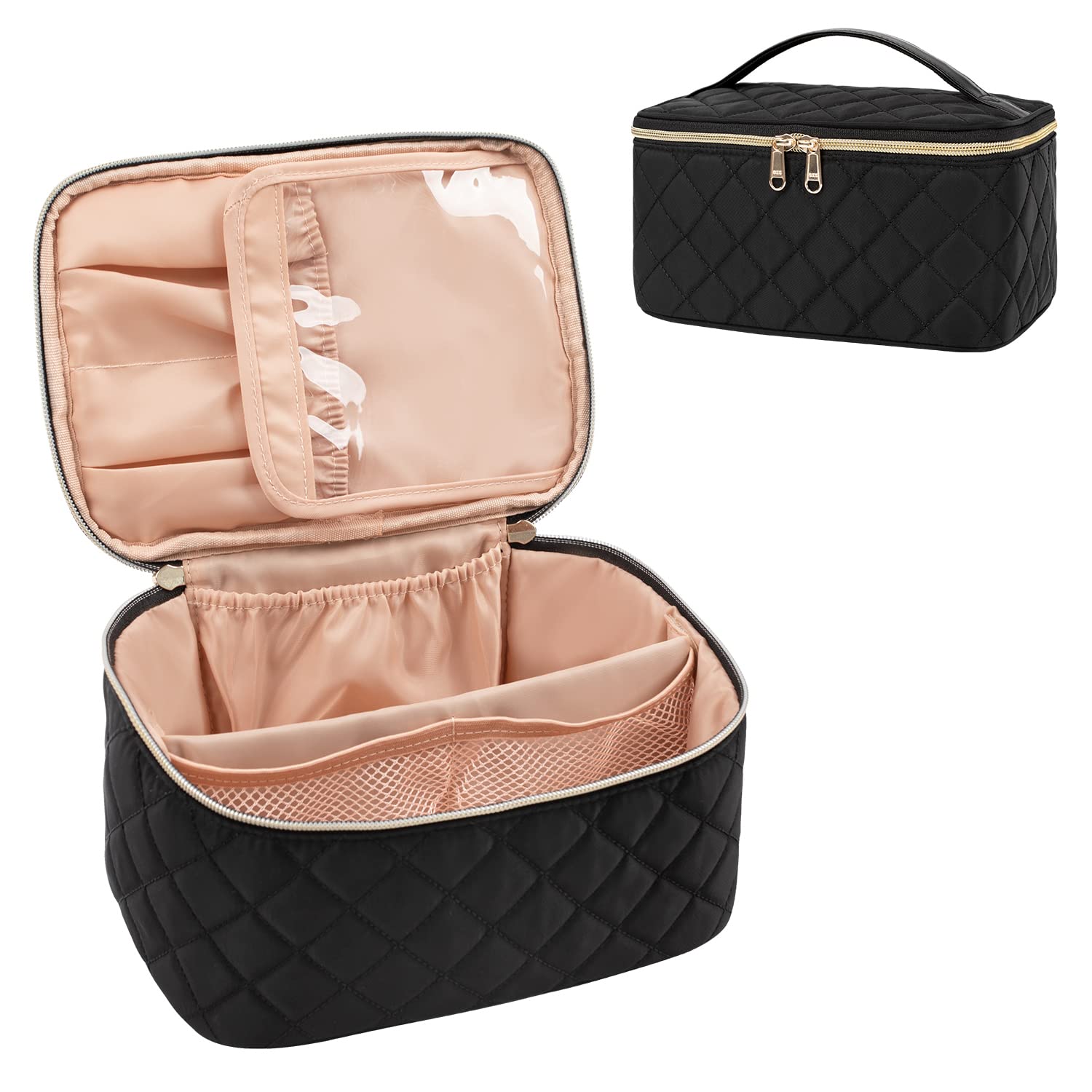 OCHEAL portable cosmetic bag with handle and divider for organized travel makeup storage.