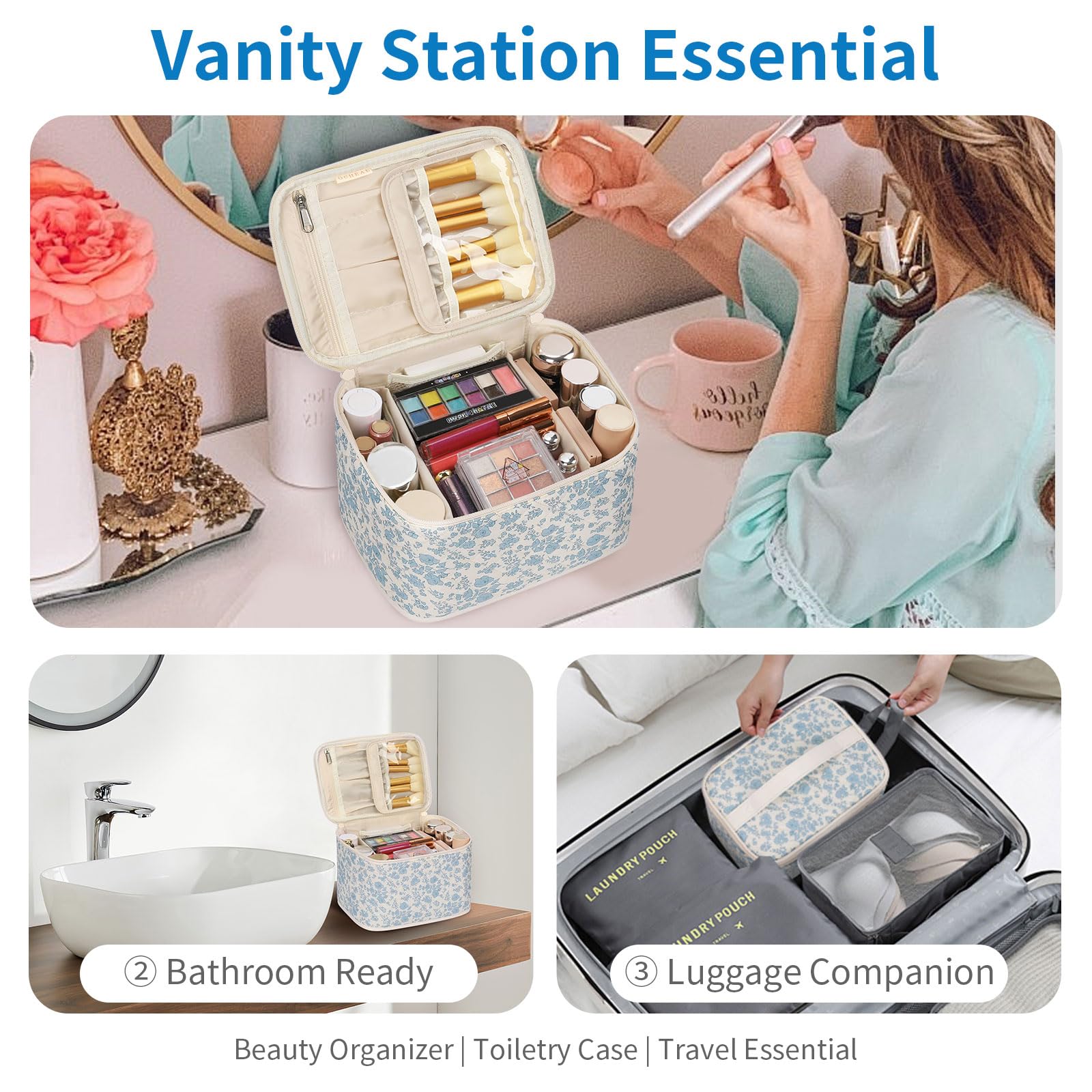 OCHEAL 9x7x7 inch dimensions fit travel toiletries and makeup essentials.