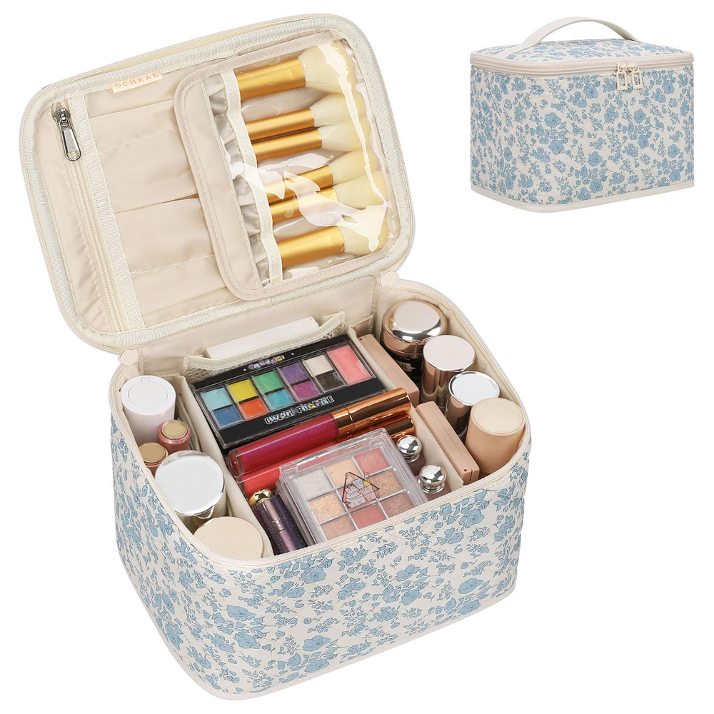 OCHEAL Travel Makeup Bag blue floral main compartment keeps cosmetics organized on trips.