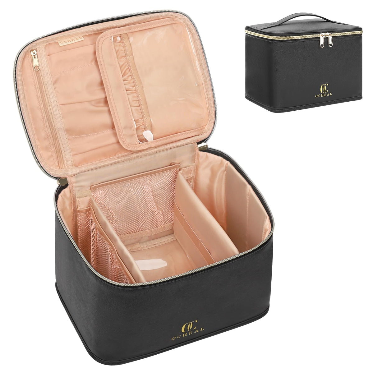 OCHEAL travel makeup bag front view, sleek black design for organized travel.