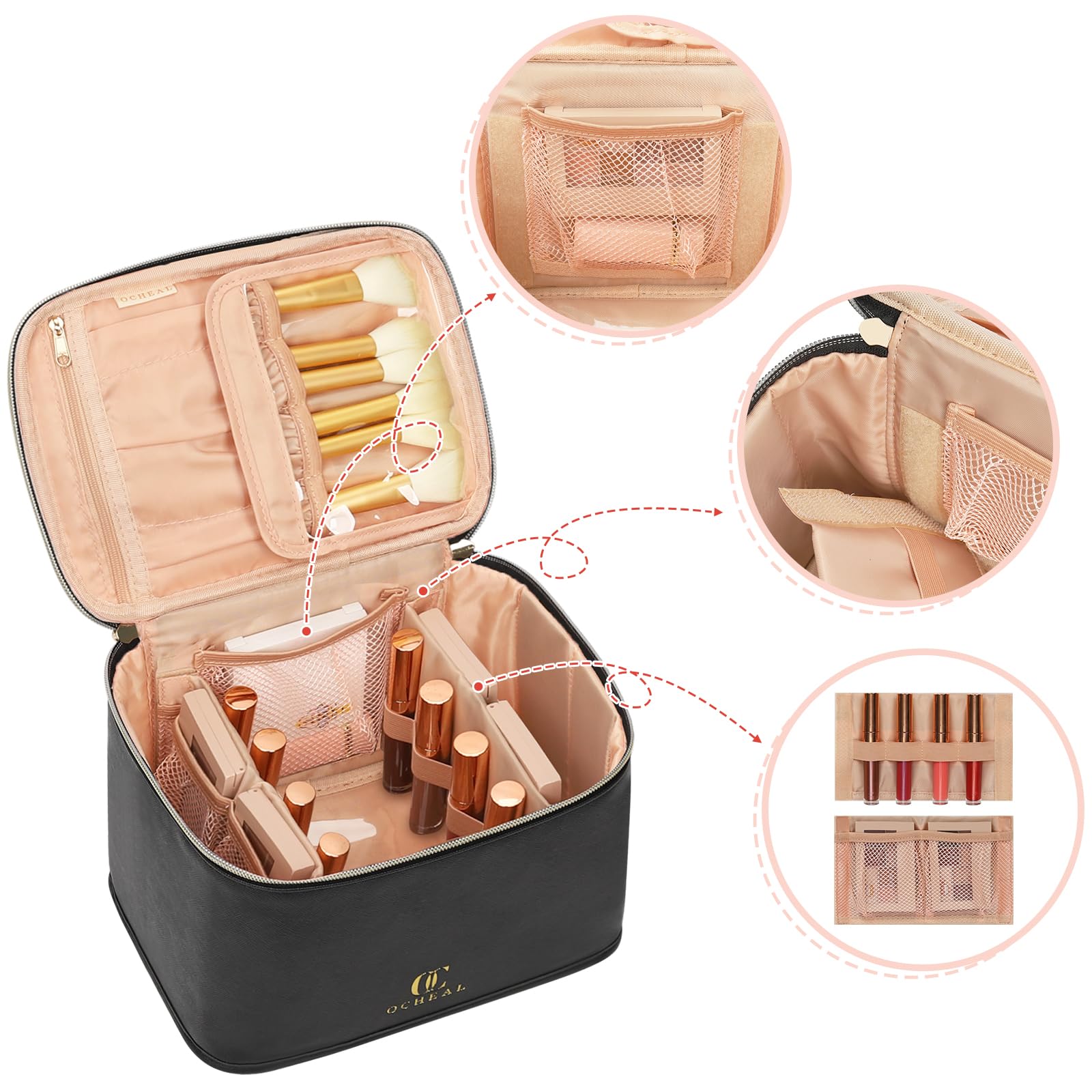 OCHEAL travel makeup bag open main compartment for quick access to cosmetics.