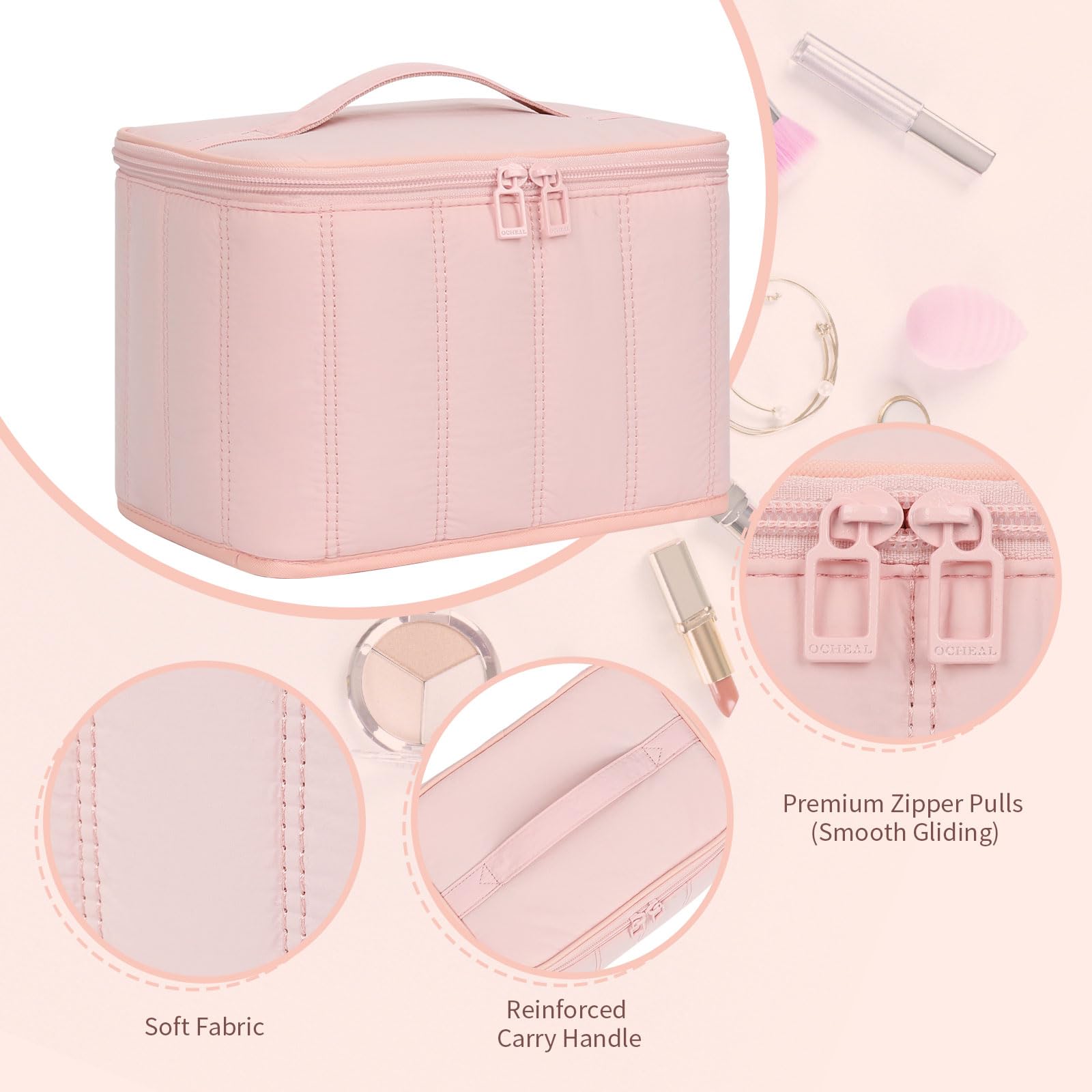 OCHEAL travel makeup bag pink standing view highlighting easy access