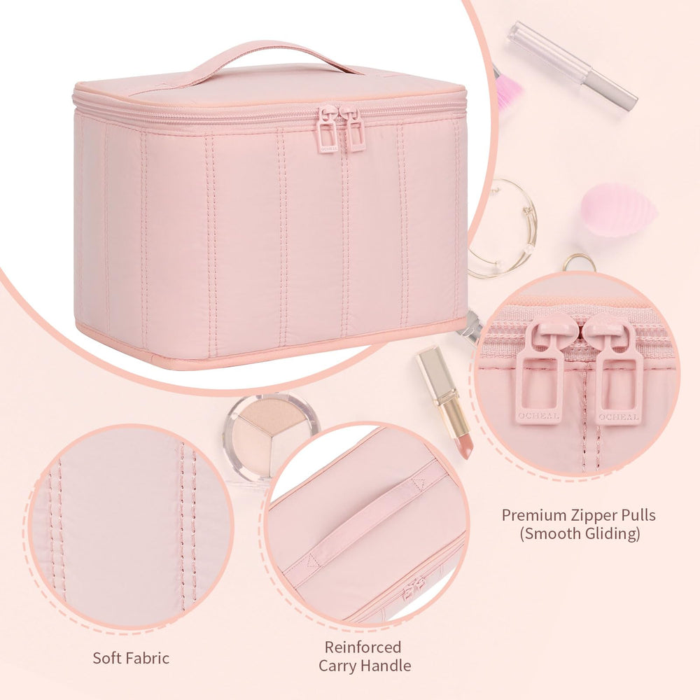 OCHEAL travel makeup bag pink standing view highlighting easy access