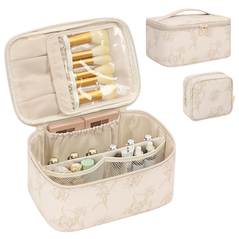 OCHEAL makeup bag travel scene with luggage, illustrating on-the-go practicality.