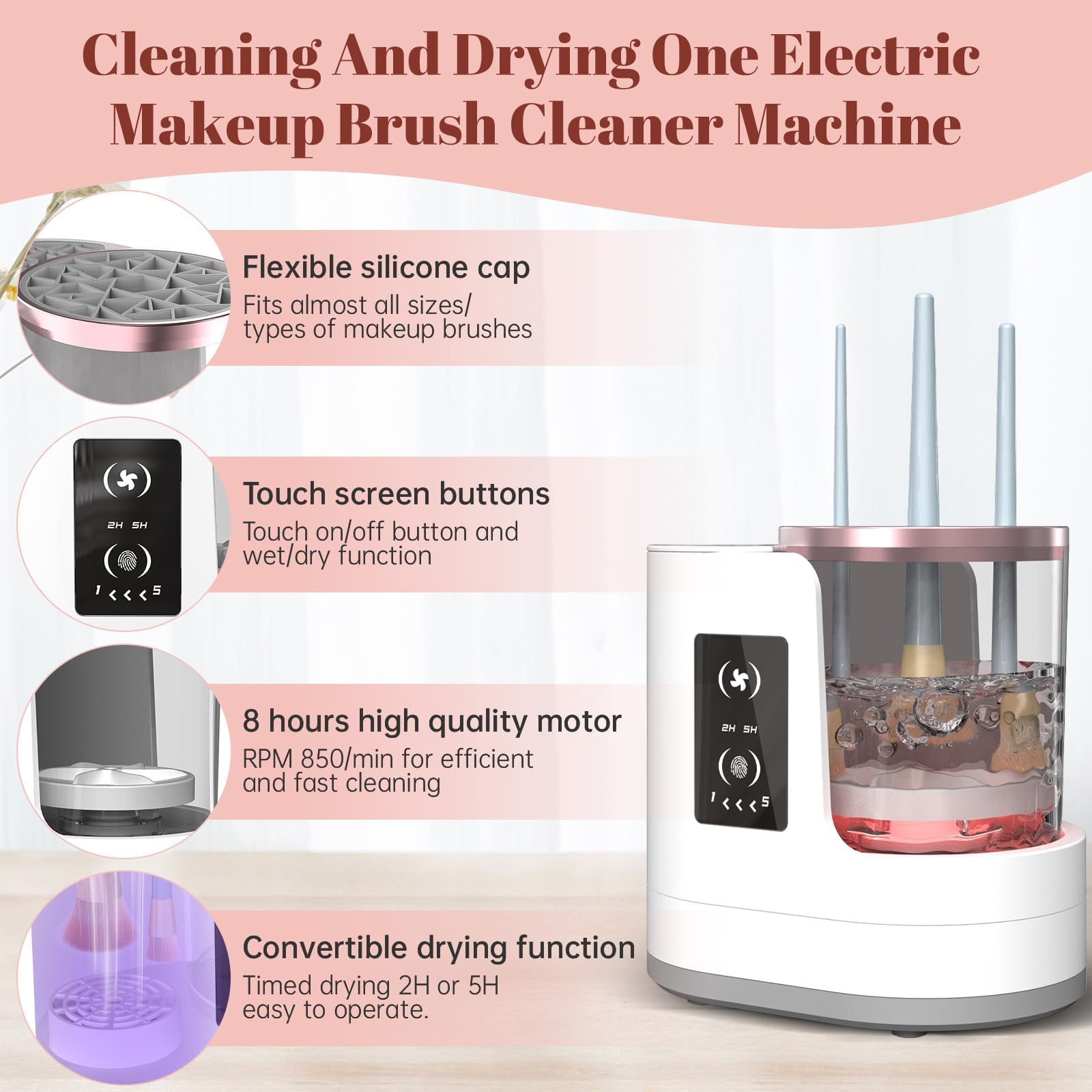OctHope automatic dryer holder side view highlights hands-free brush drying convenience.