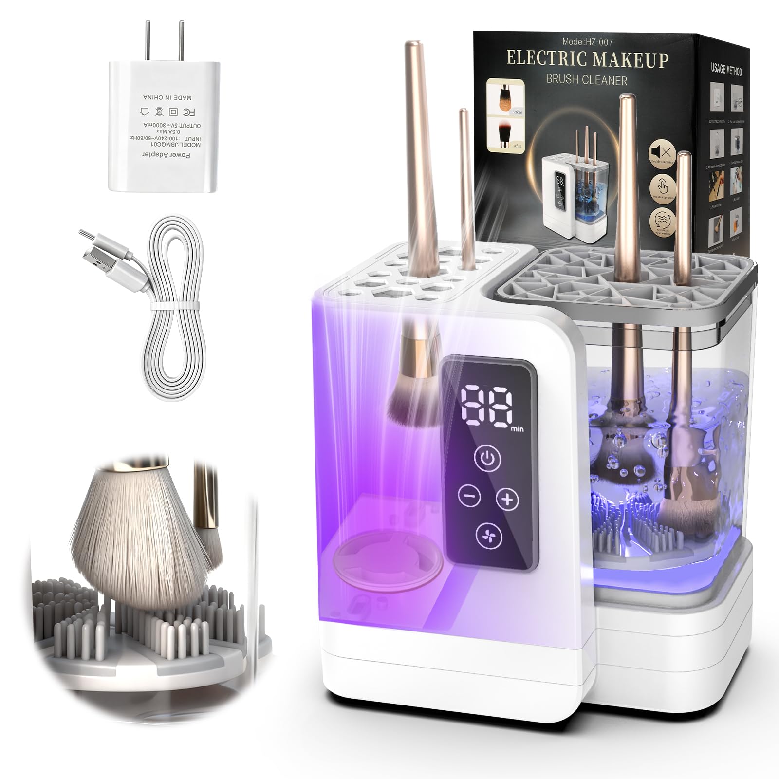 OctHope five-in-one cleaner-dryer front view shows compact setup on vanity for quick brush cleaning