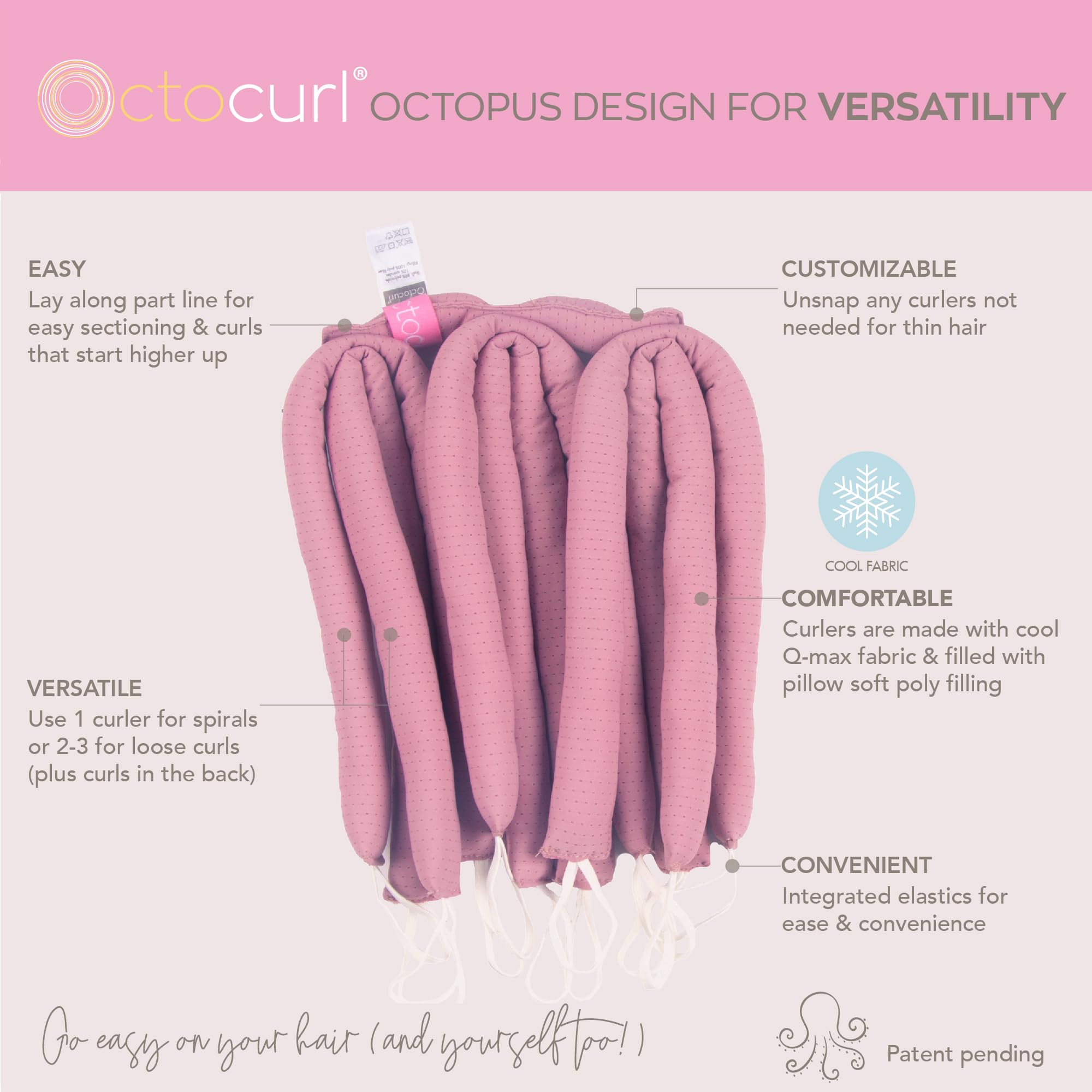 Octocurl No Headband heatless curler front view highlights built-in curlers for even coverage