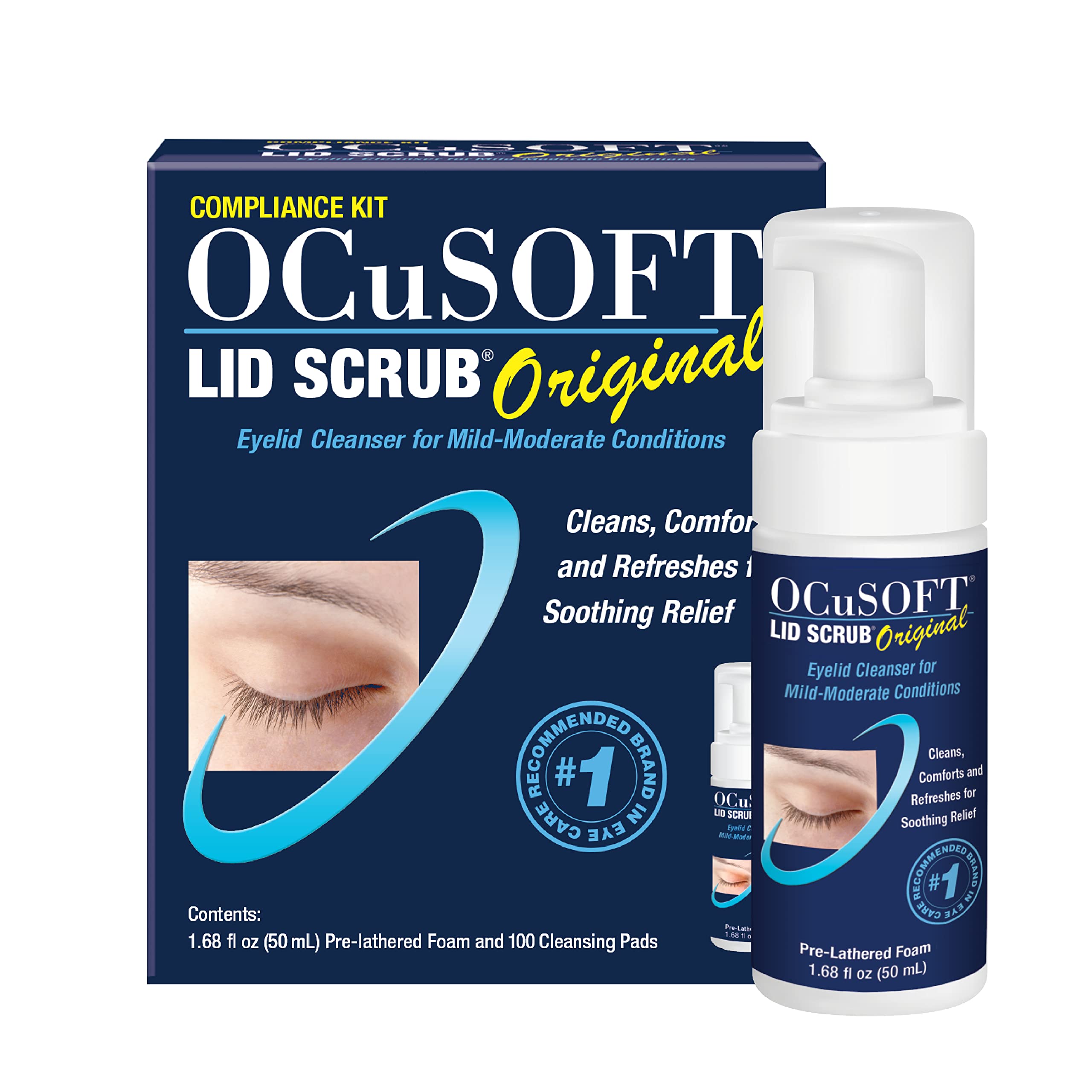 OCuSOFT Lid Scrub bottle pump close-up showing gentle cleansing for daily eyelid hygiene.