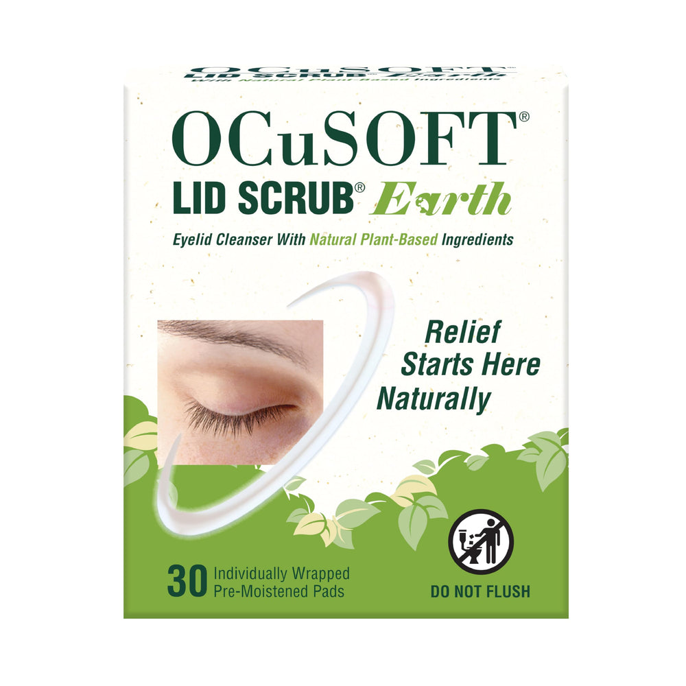 OCuSOFT Lid Scrub Earth pack of pre-moistened eyelid wipes for gentle cleansing.