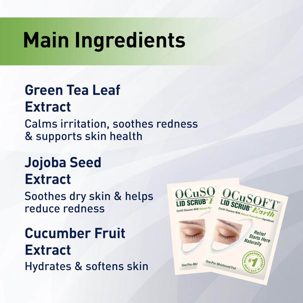 OCuSOFT Lid Scrub Earth with natural ingredients highlighted for daily eyelid care.