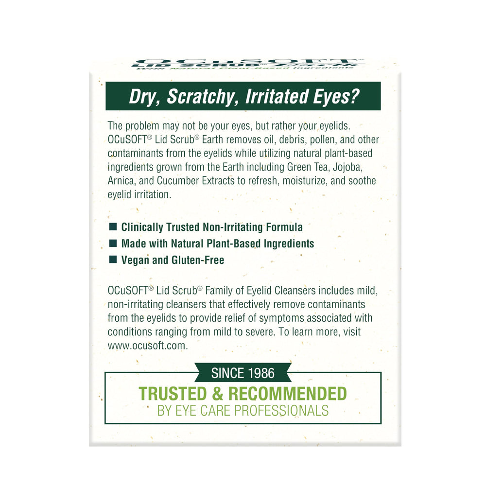 OCuSOFT Lid Scrub Earth wipes close-up showing plant-based ingredients for sensitive lids.