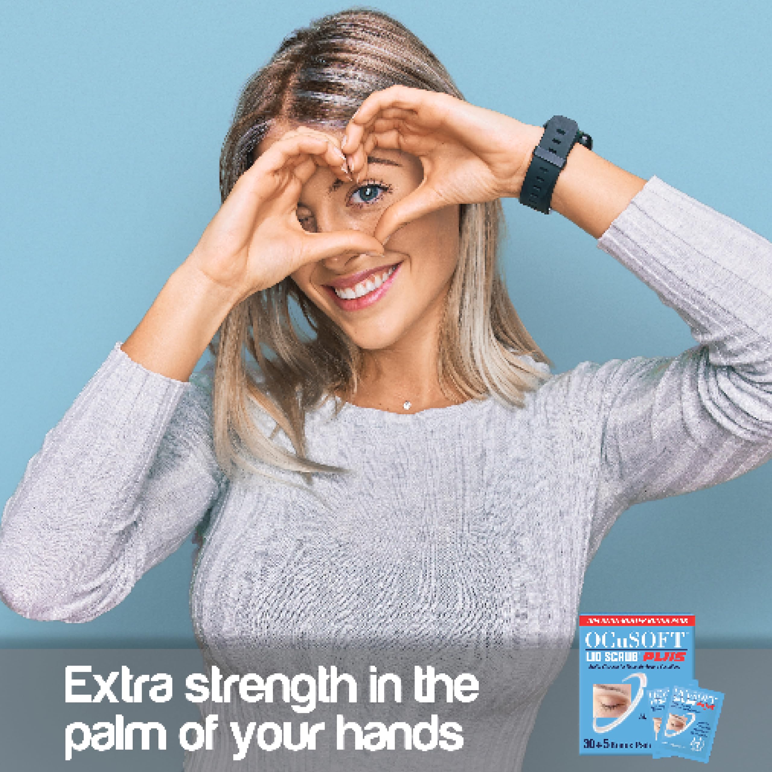 OCuSOFT Lid Scrub Plus packaging highlights travel-friendly, fragrance-free eyelid care.
