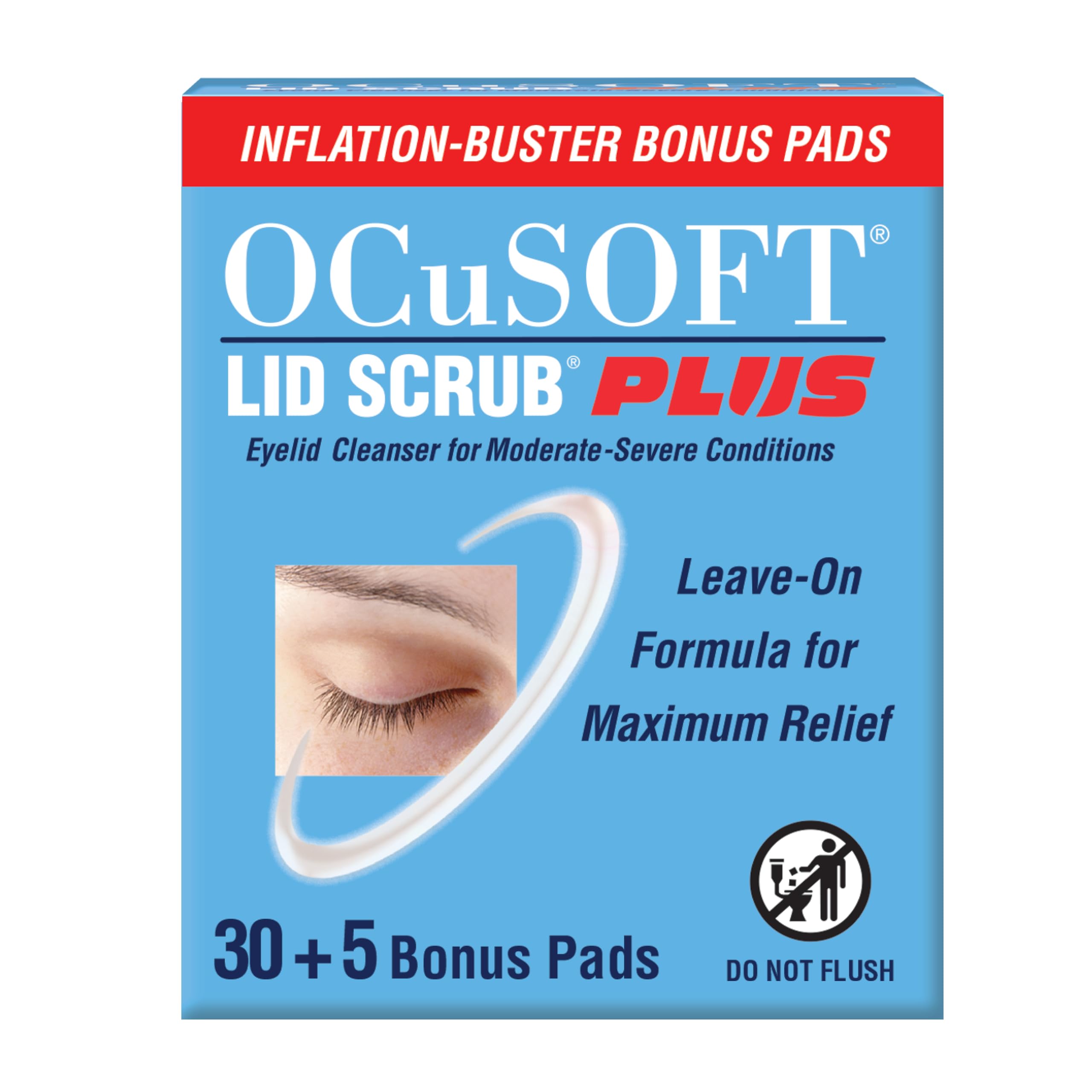 OCuSOFT Lid Scrub Plus 35-count bottle closeup promotes gentle eyelid cleansing.