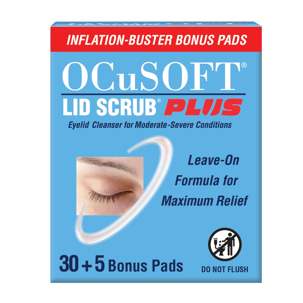OCuSOFT Lid Scrub Plus 35-count bottle closeup promotes gentle eyelid cleansing.