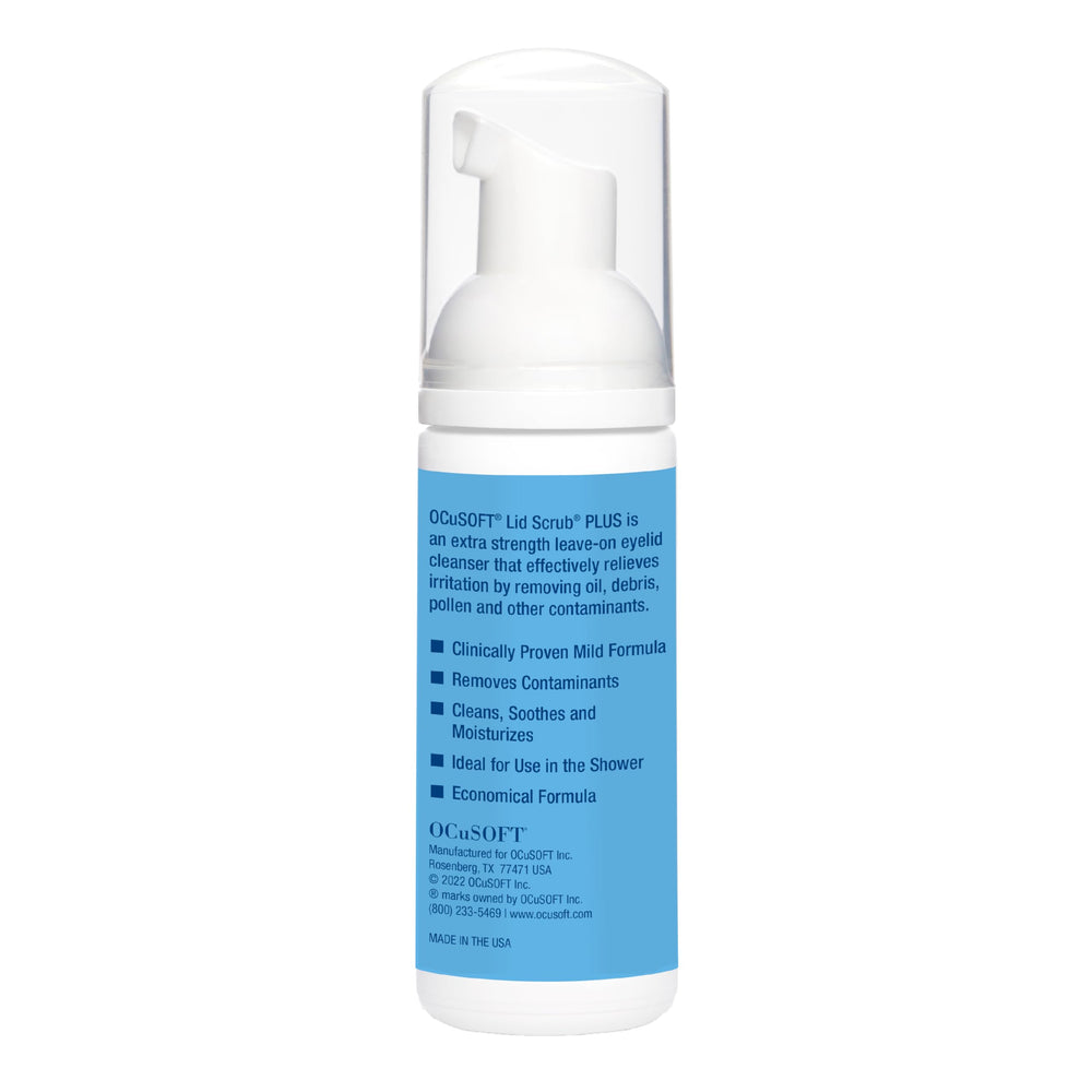 OCuSOFT Lid Scrub PLUS foam close-up demonstrates instant lather and no-rinse use.
