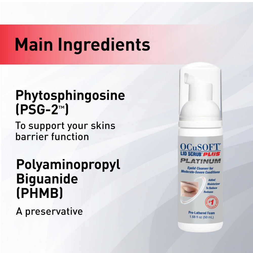 OCuSOFT Lid Scrub PLUS Platinum featuring phytosphingosine for moisture-friendly skin feel
