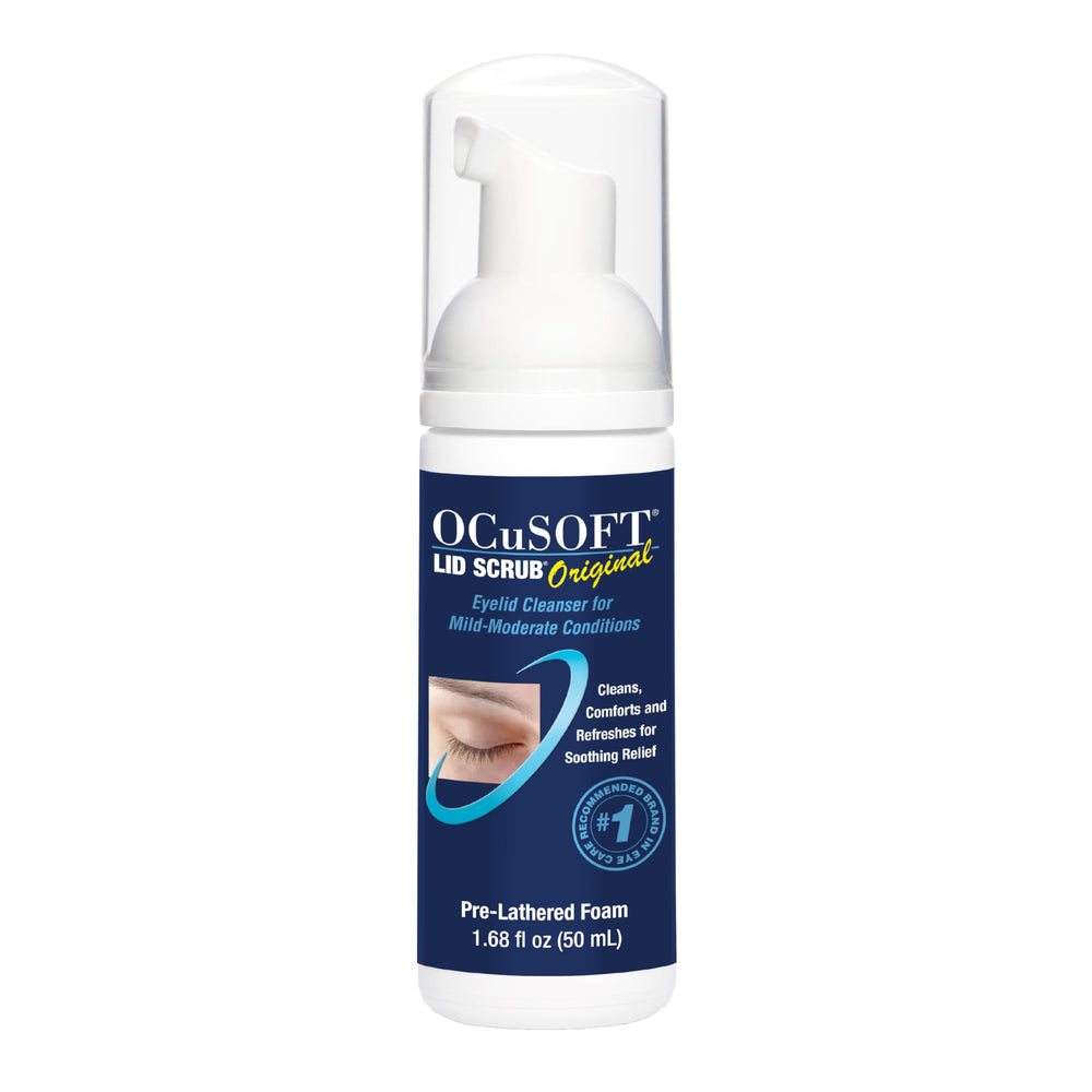 OCuSOFT Original Foaming Eyelid Cleanser bottle pump demonstrates quick lather for easy eyelid hygiene