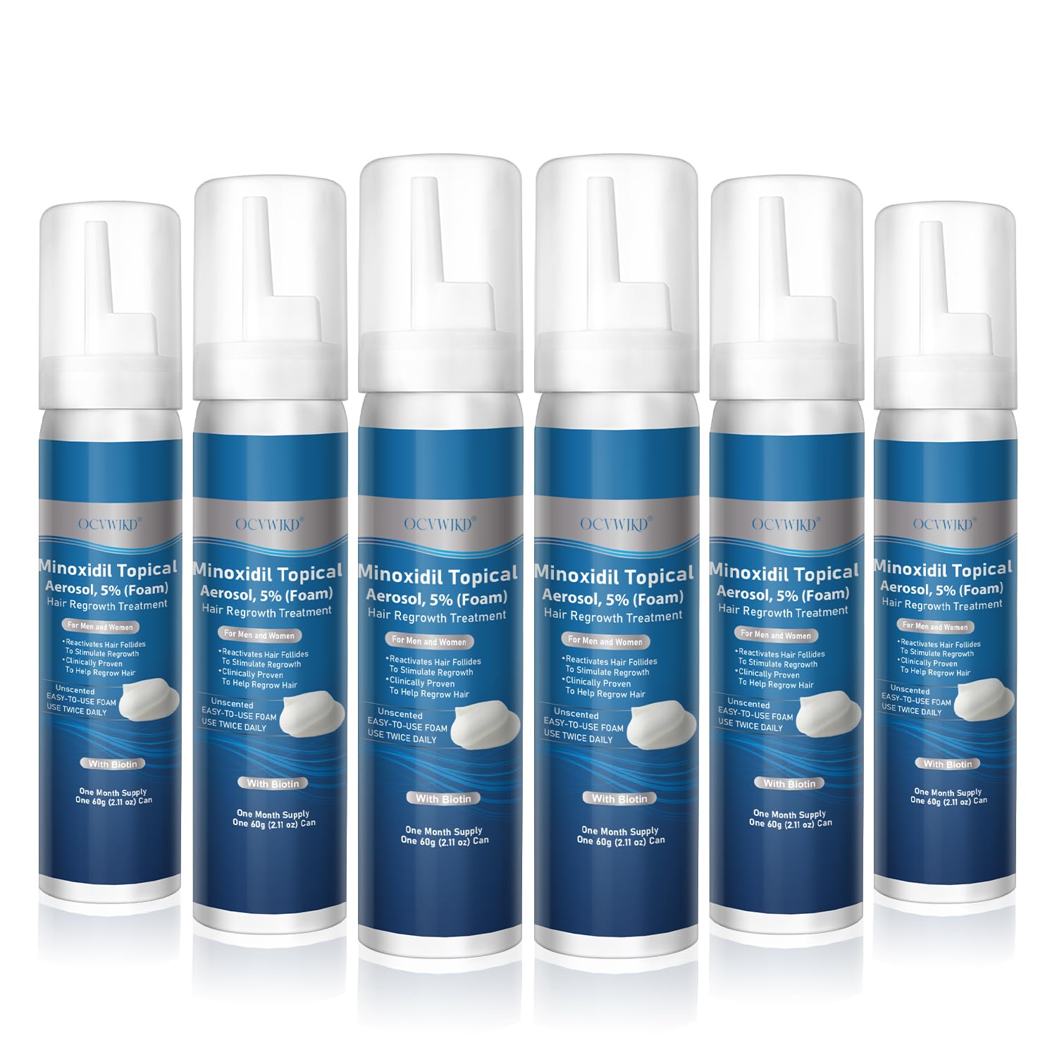 OCVWJKD 5% minoxidil foam bottle applied to scalp for fuller hair.