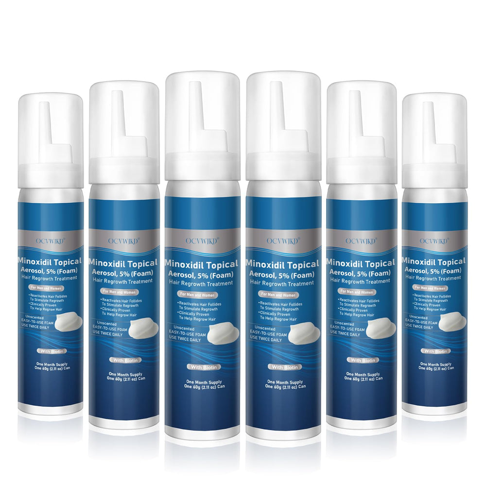 OCVWJKD 5% minoxidil foam bottle applied to scalp for fuller hair.