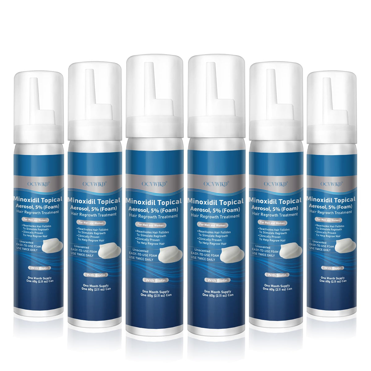 OCVWJKD 5% minoxidil foam bottle applied to scalp for fuller hair.