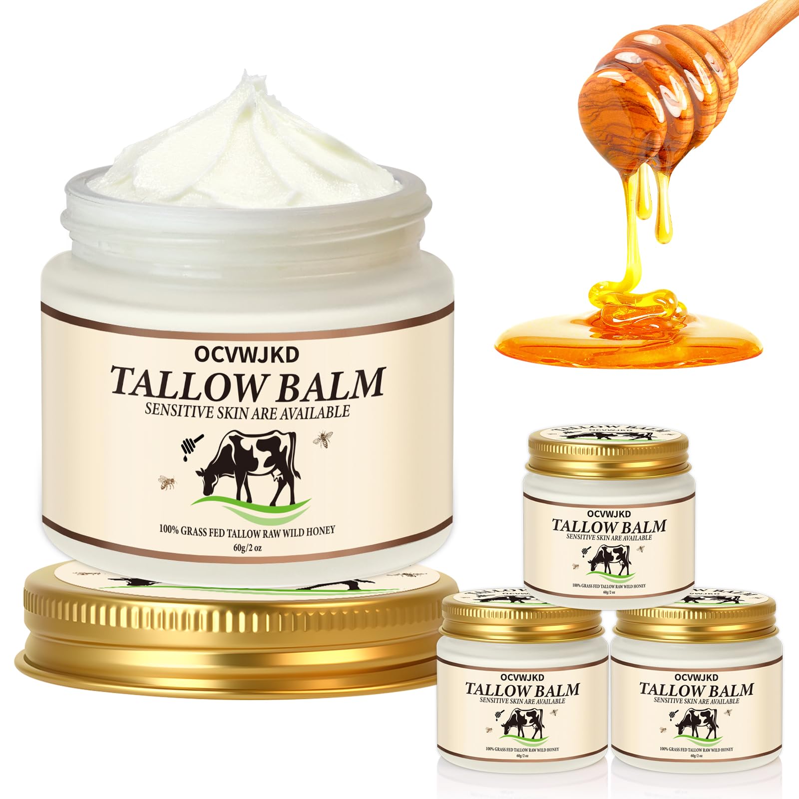 OCVWJKD Beef Tallow & Honey Balm packaging highlighting all-natural moisturizer benefits