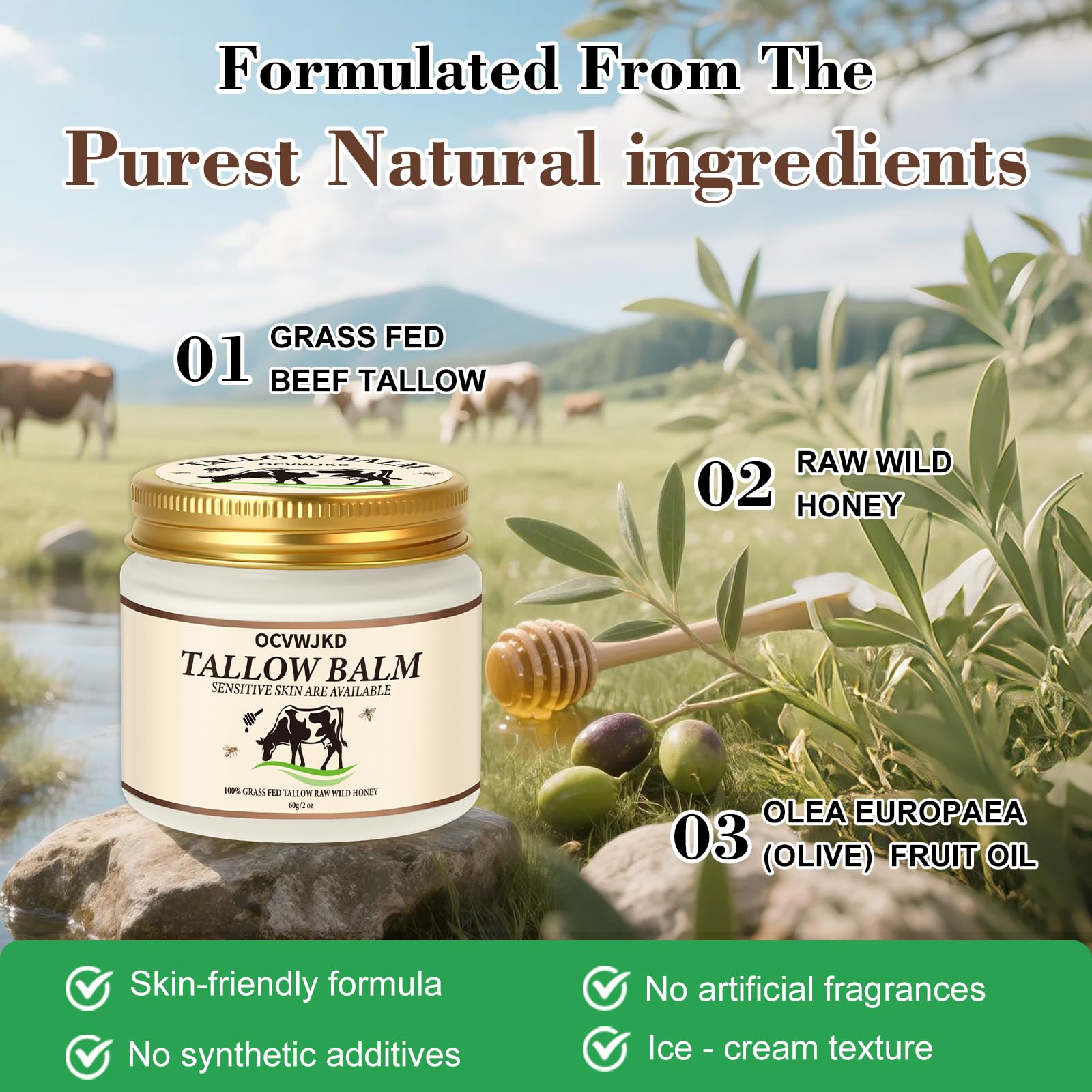 OCVWJKD Beef Tallow & Honey Balm ingredients featuring grass-fed tallow and honey