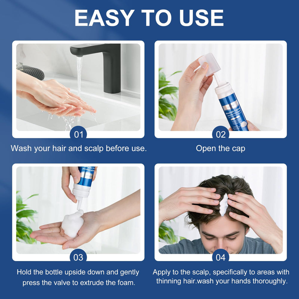 OCVWJKD unscented minoxidil foam bottle on bathroom shelf.