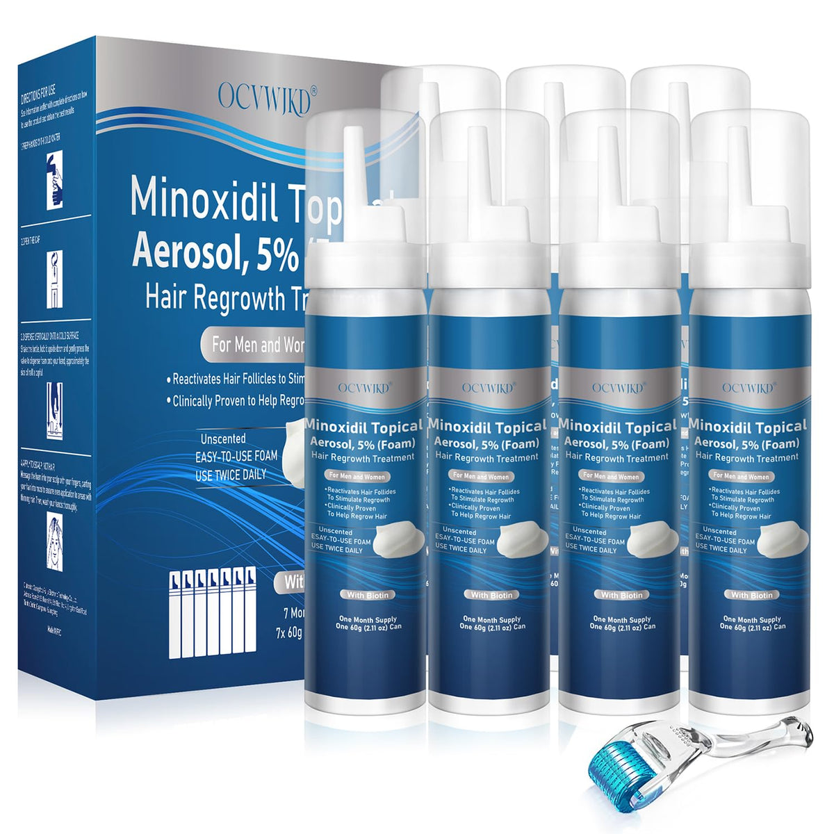 OCVWJKD 5% Minoxidil Foam bottle – unscented formula for hair and beard growth potential.
