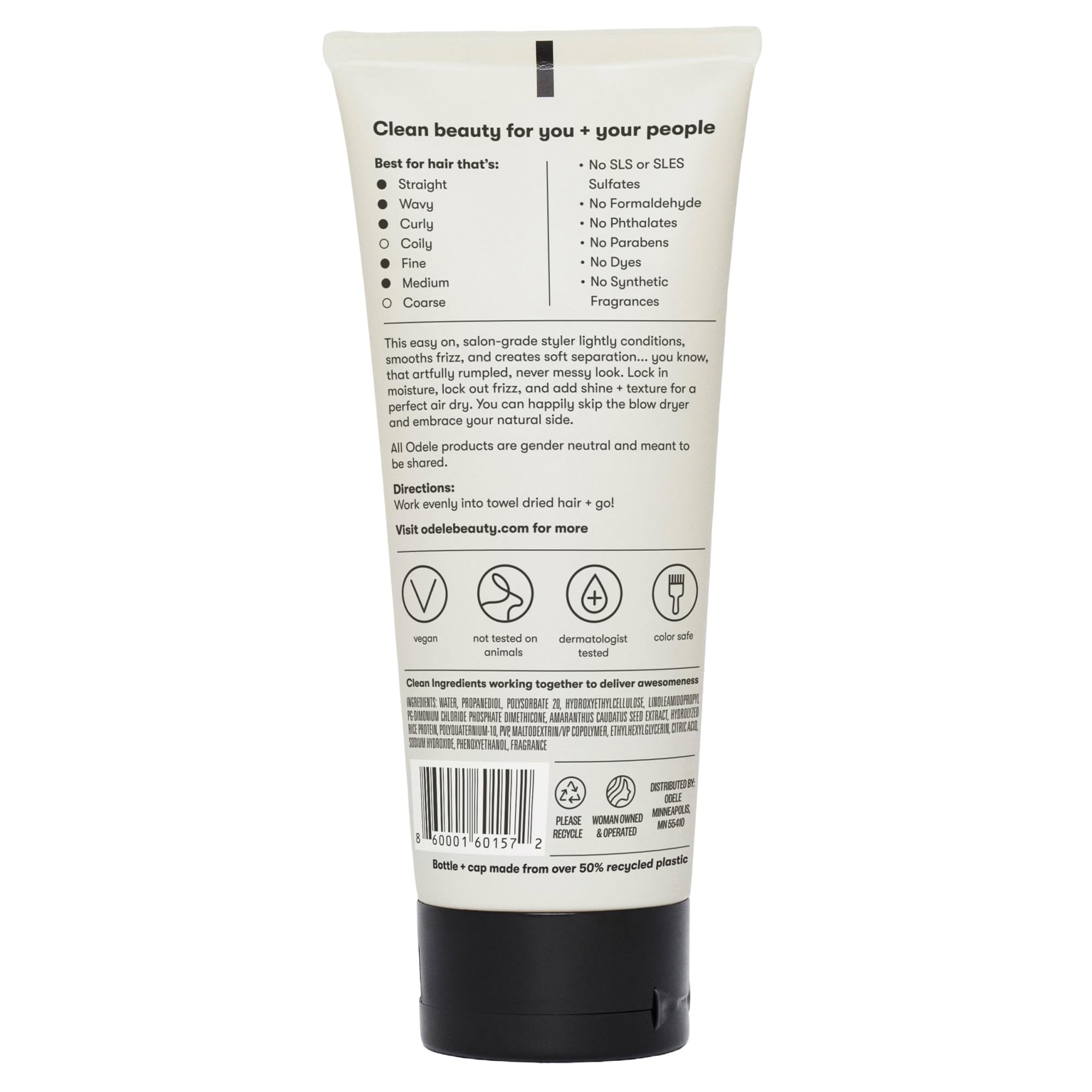 Dermatologist-tested Odele Air Dry Styler packaging highlights vegan, cruelty-free formula