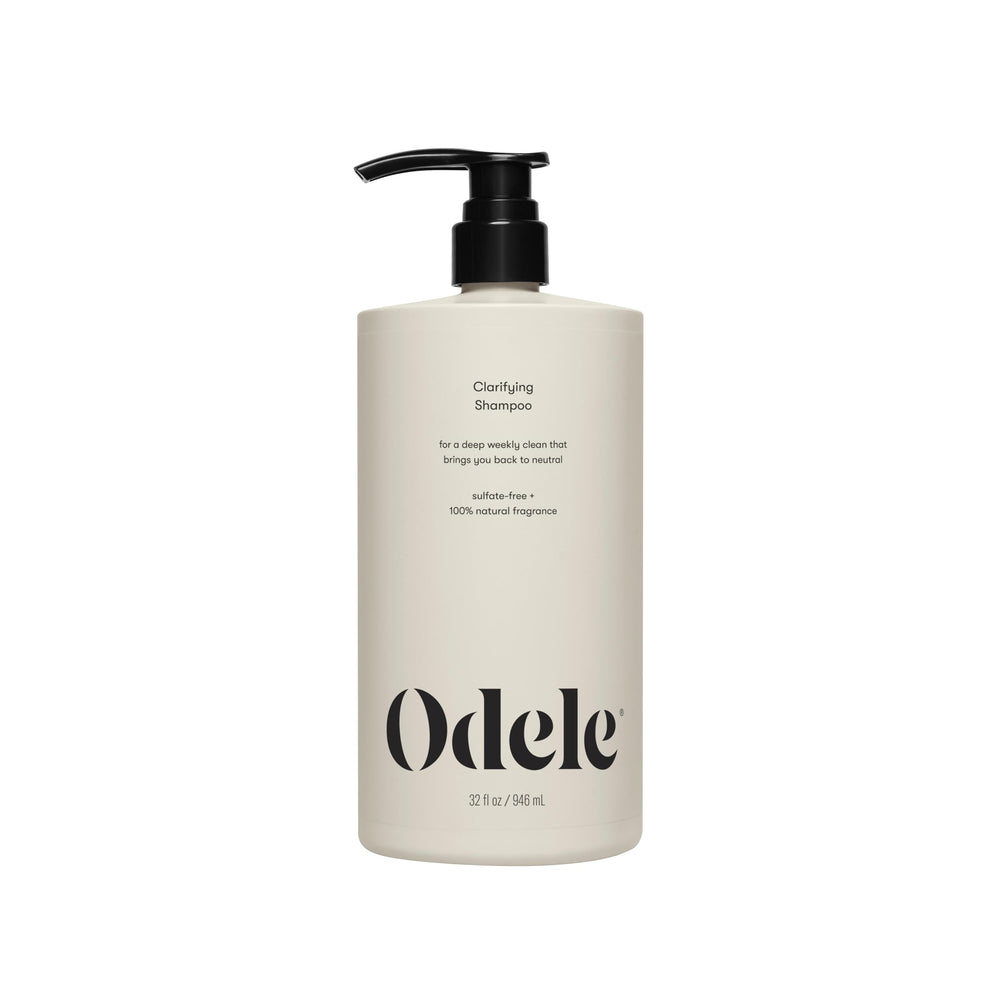 Odele Clarifying Shampoo bottle shows sulfate-free cleansing for buildup removal.