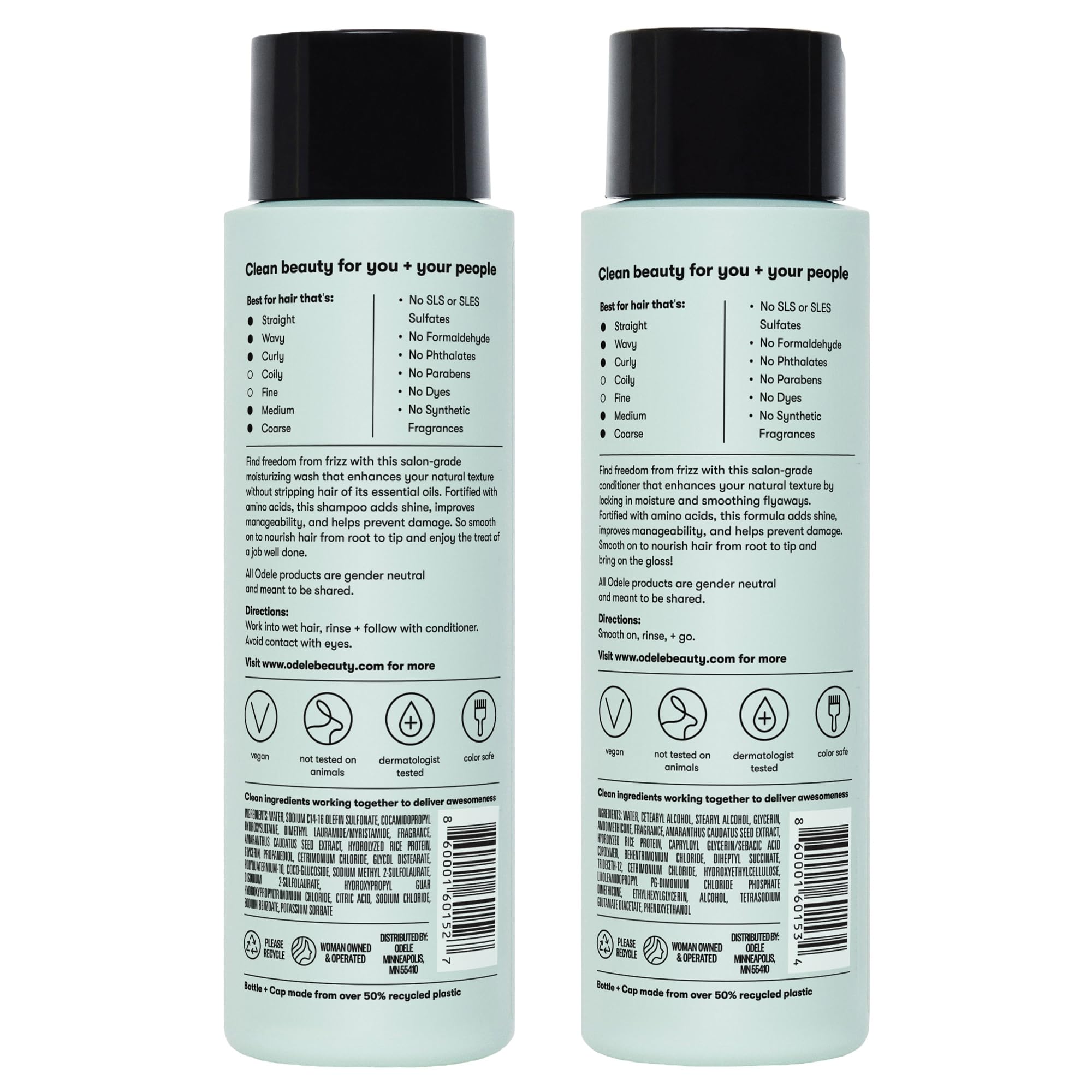 Odele gift set label emphasizes moisture and frizz control.