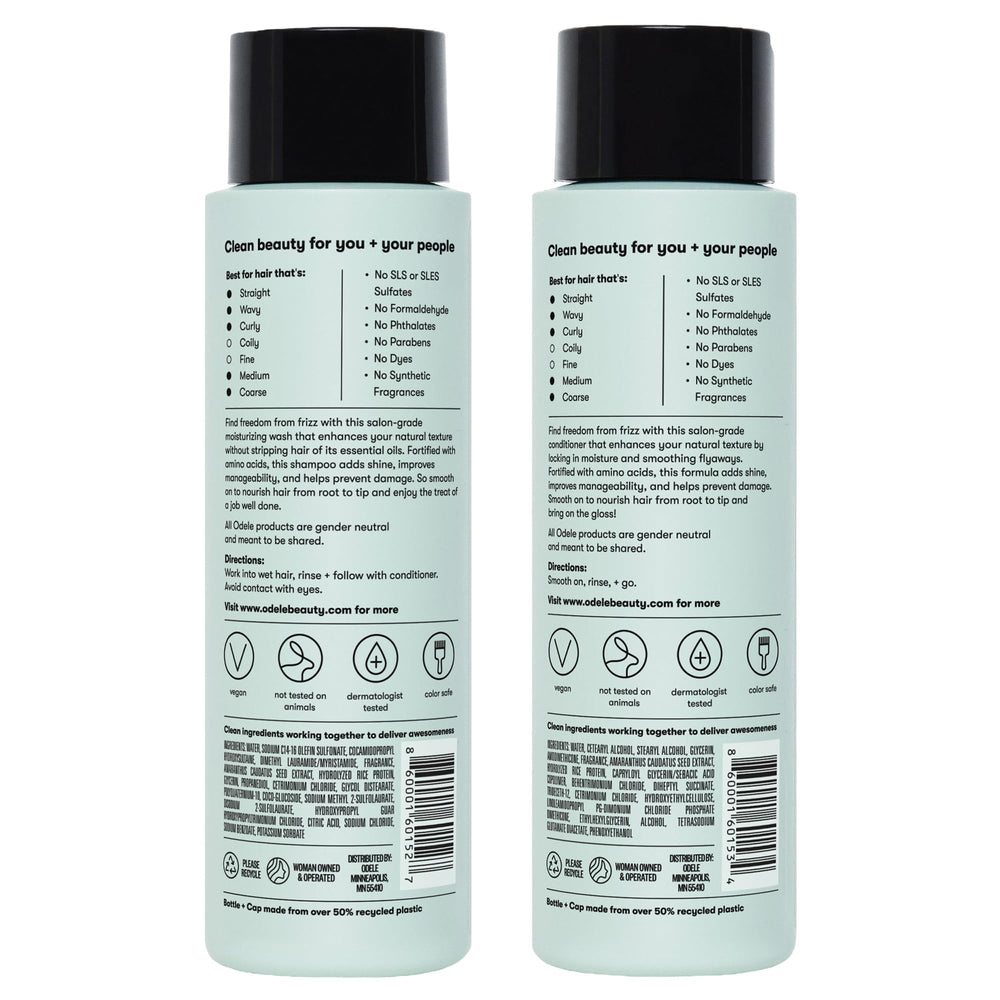 Odele gift set label emphasizes moisture and frizz control.