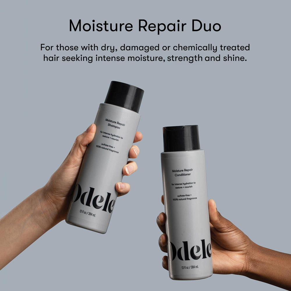 Odele Moisture Repair conditioner bottle closeup emphasizes deep hydration for dry, damaged hair