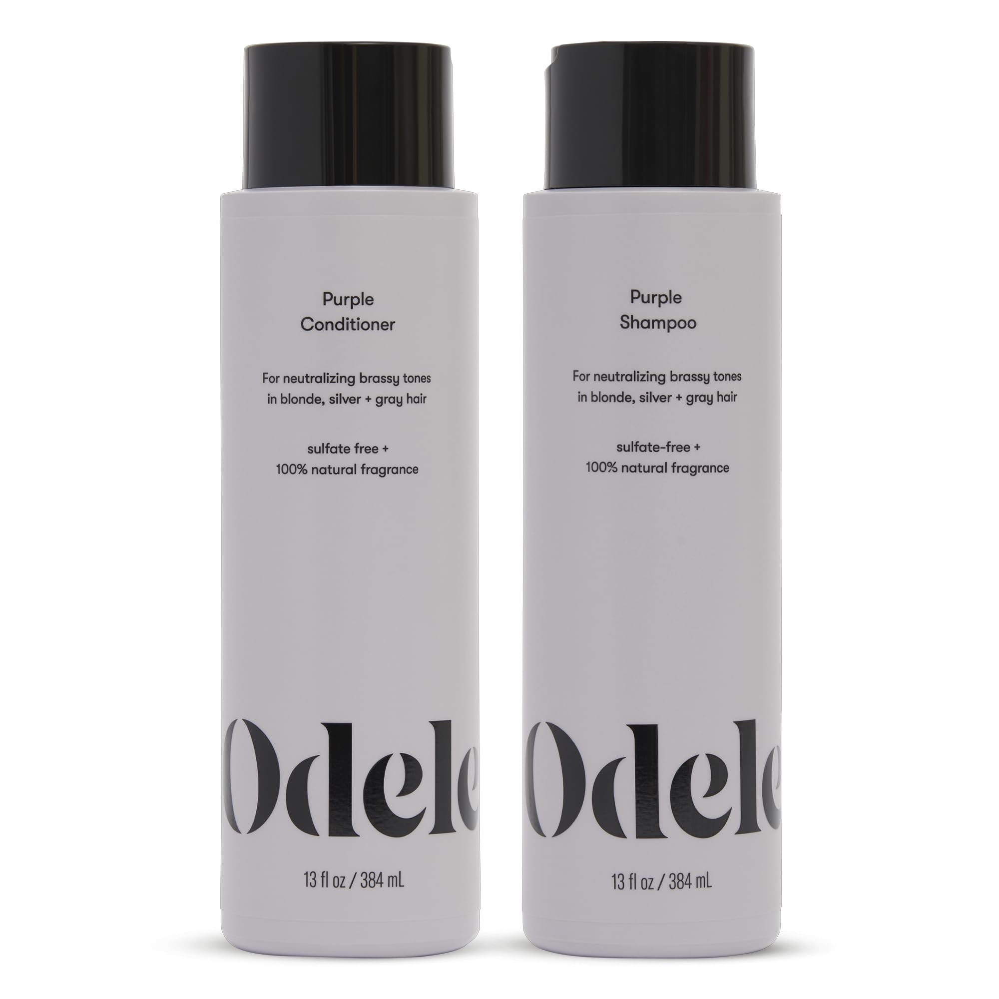 Odele Purple Shampoo bottle demonstrates brassy-tone neutralization for blonde hair.