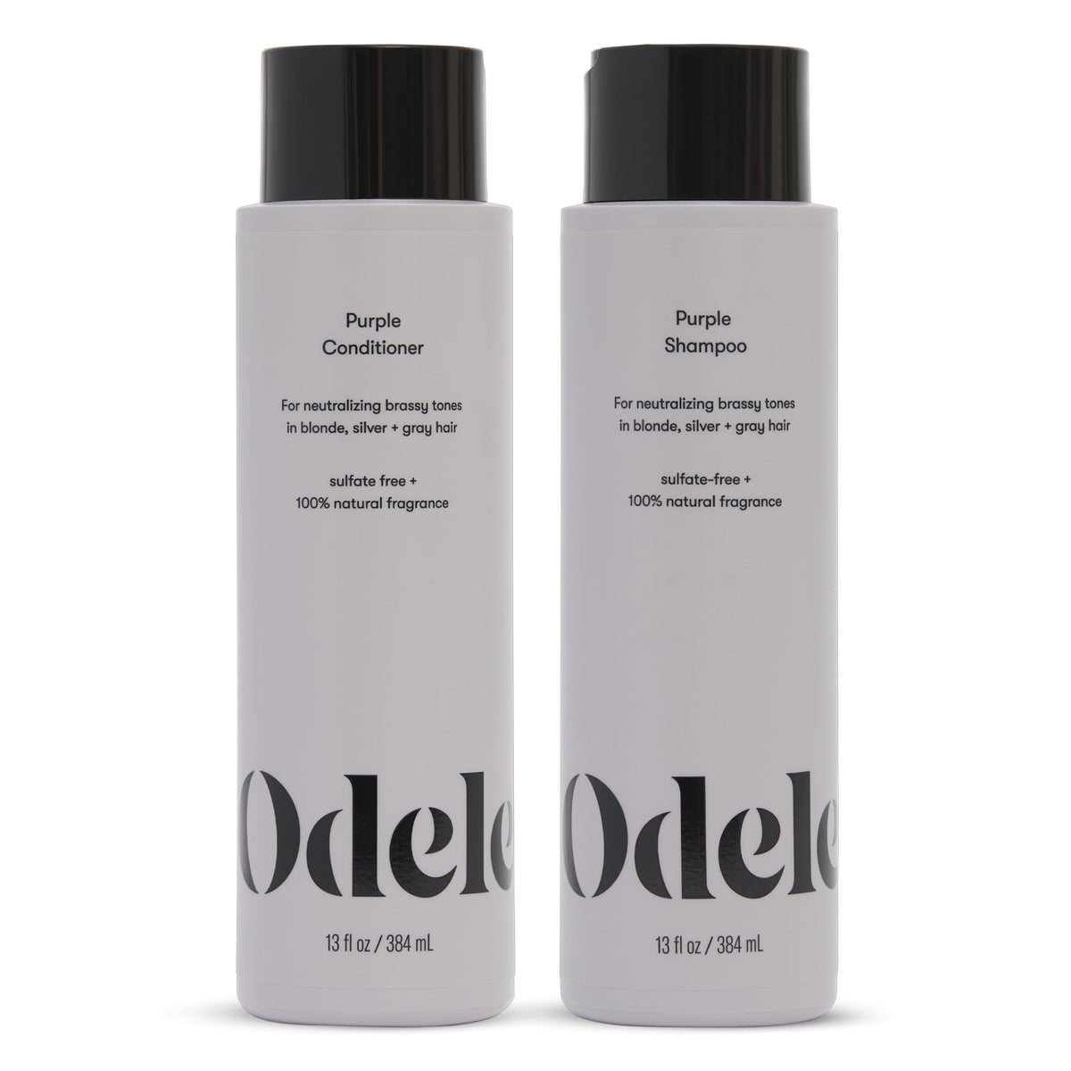 Odele Purple Shampoo bottle demonstrates brassy-tone neutralization for blonde hair.