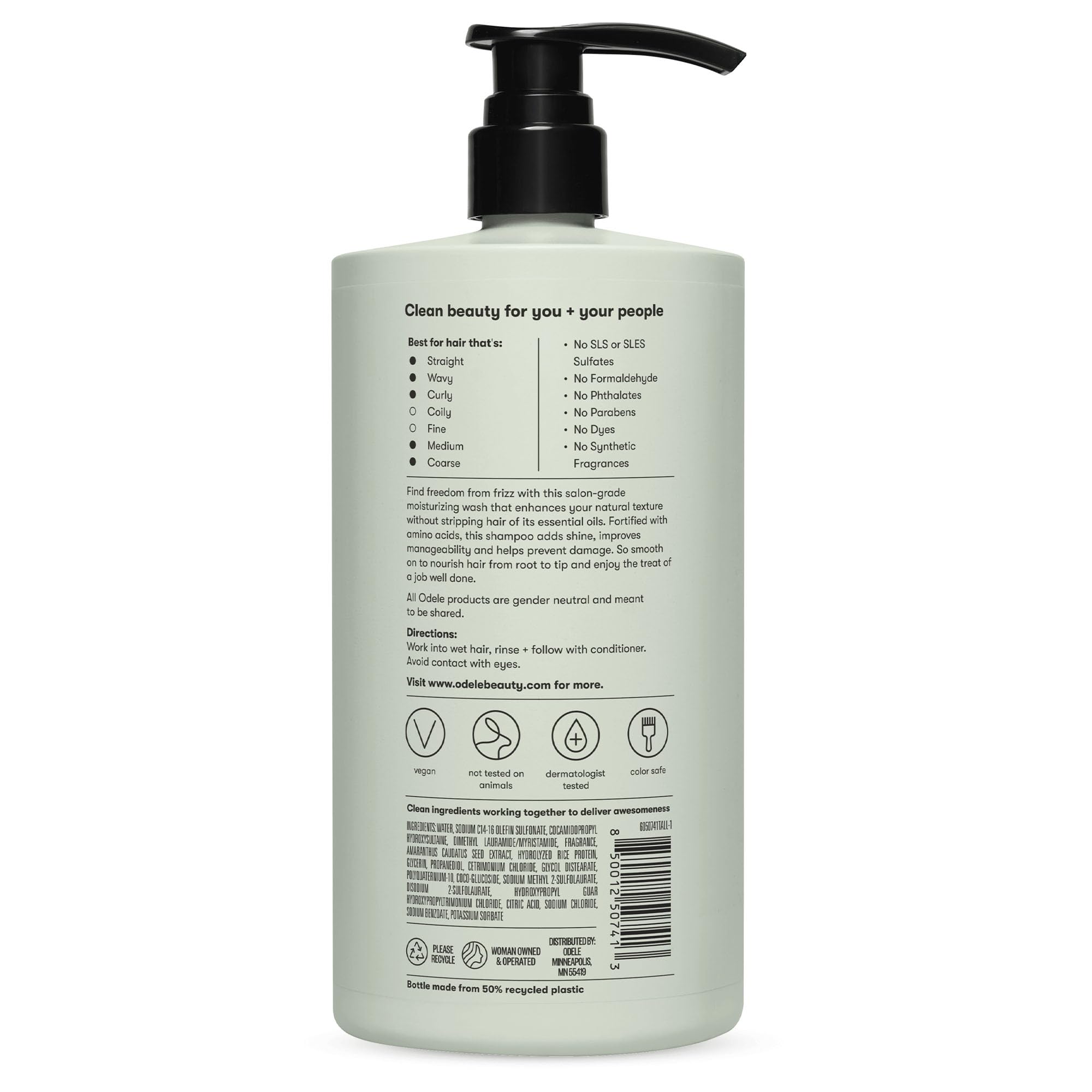 Odele smoothing shampoo on bathroom shelf conveys salon-quality shine and moisture.