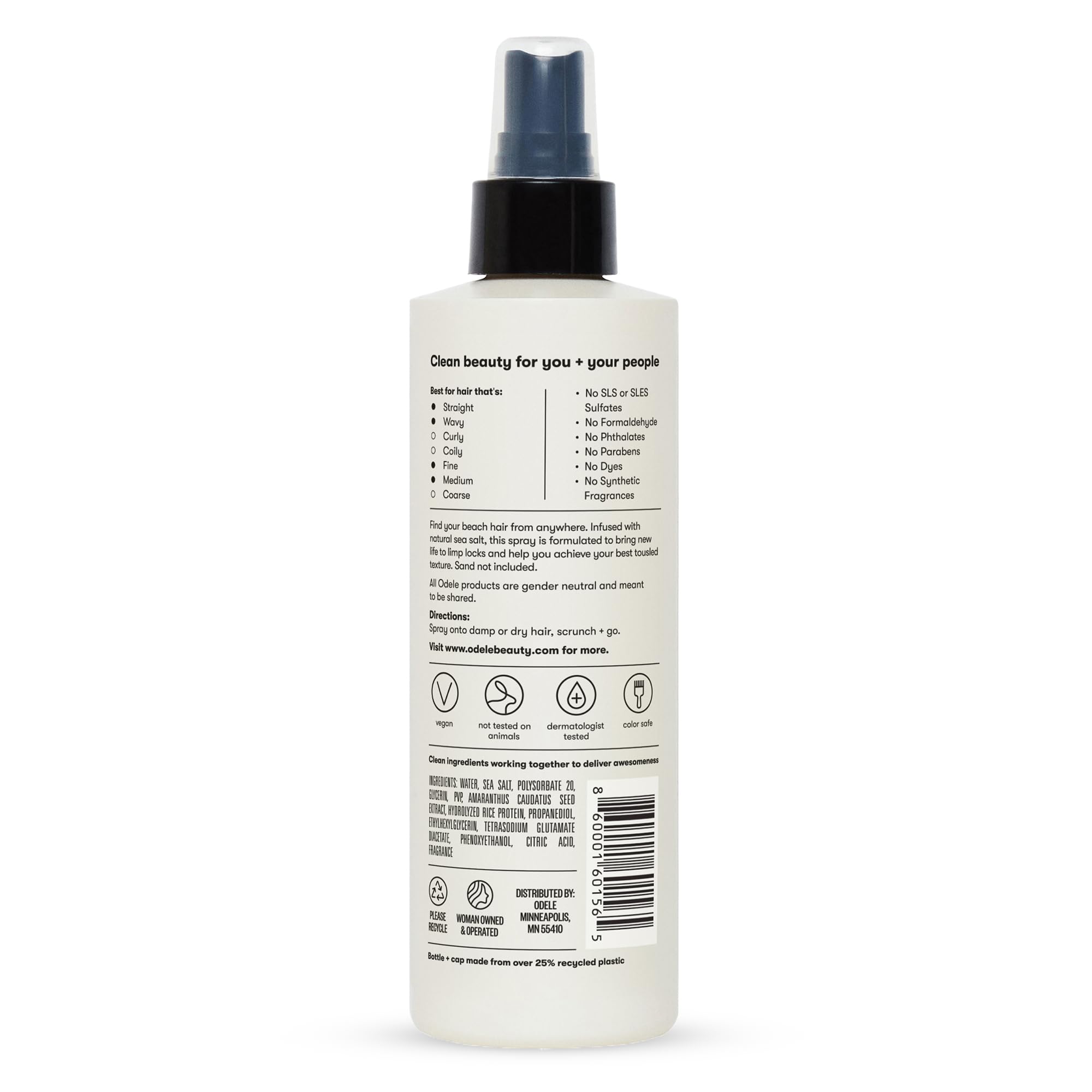 Odele sea salt spray label emphasizes color-safe vegan formula