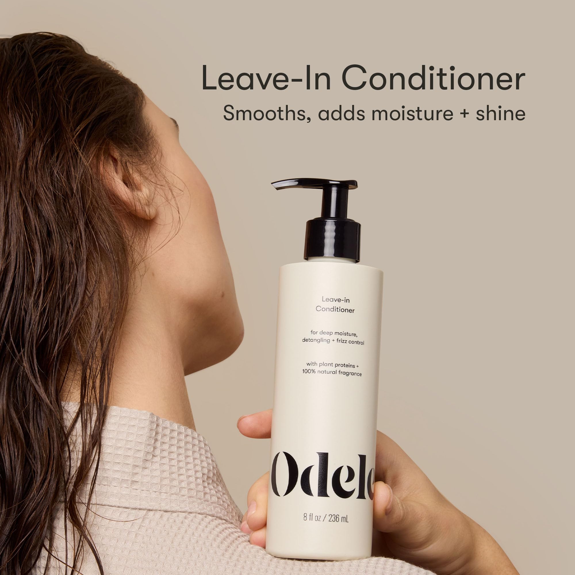 Odele vegan leave-in conditioner pump-top shows on-hair application for smooth detangling