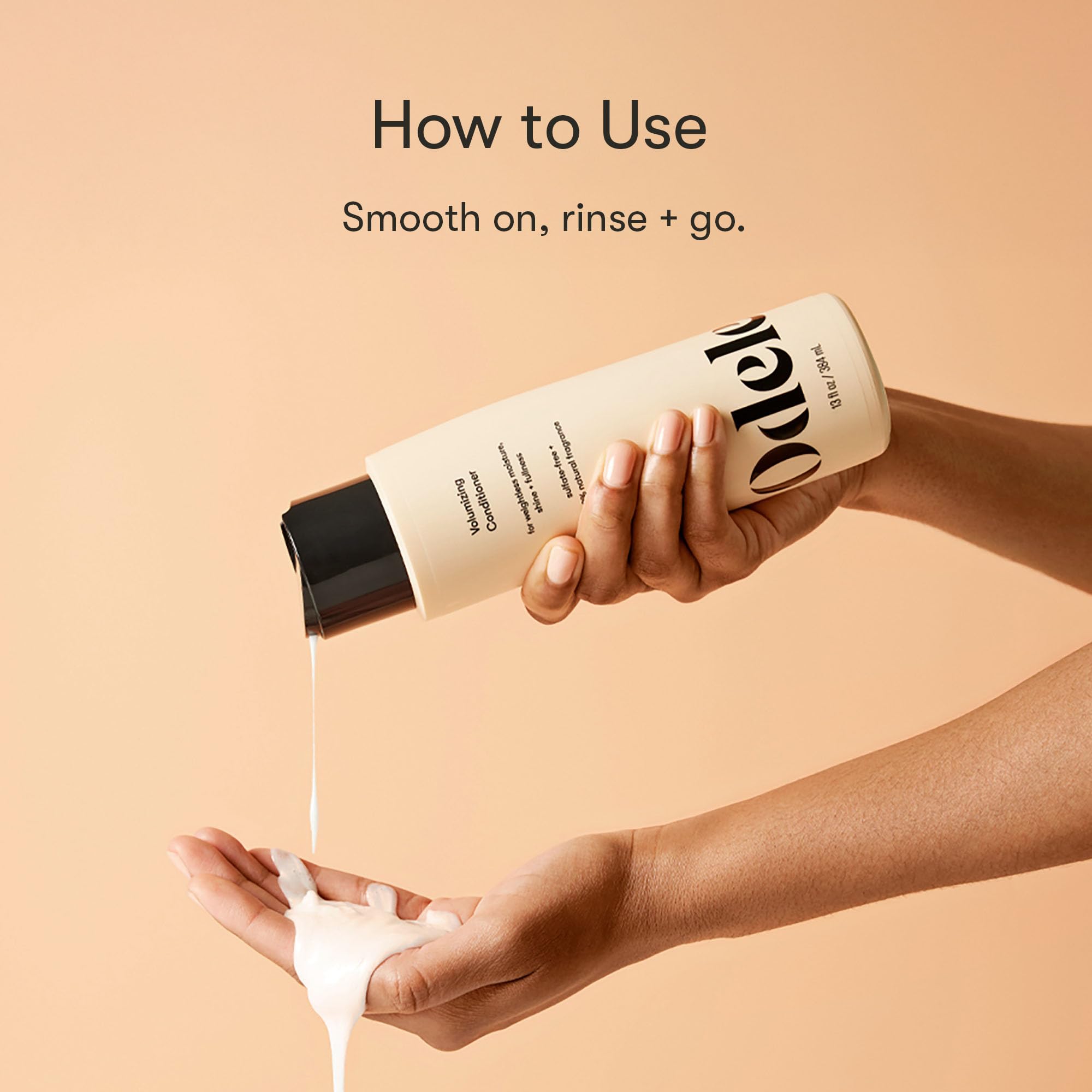 Odele volumizing conditioner rice protein illustration emphasizes strengthened strands and reduced breakage