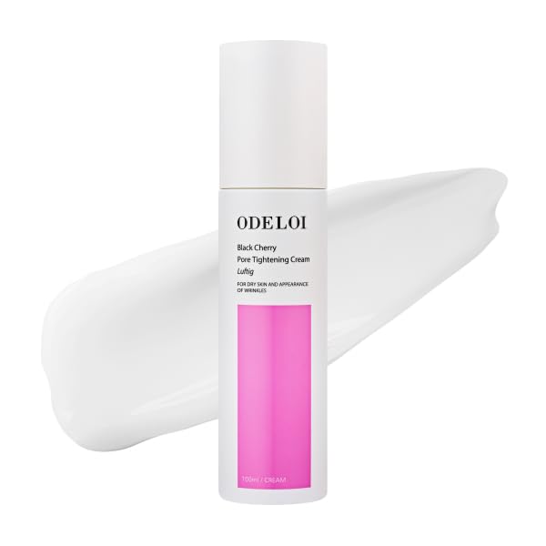 ODELOI Black Cherry Pore-Tightening Cream bottle demonstrates pore-minimizing skincare in action.