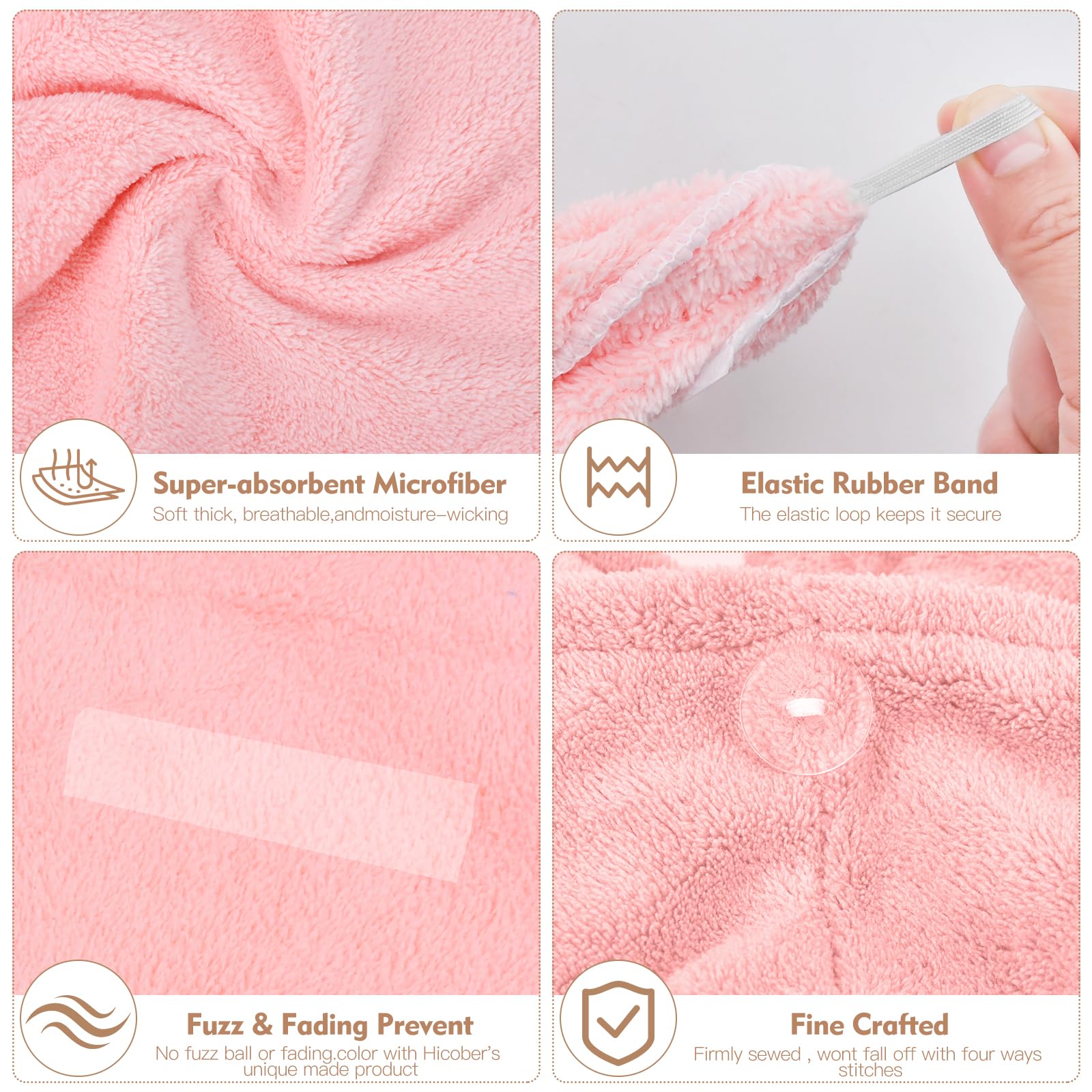 OEAGO microfiber hair towel with sewn-in button keeps towel in place