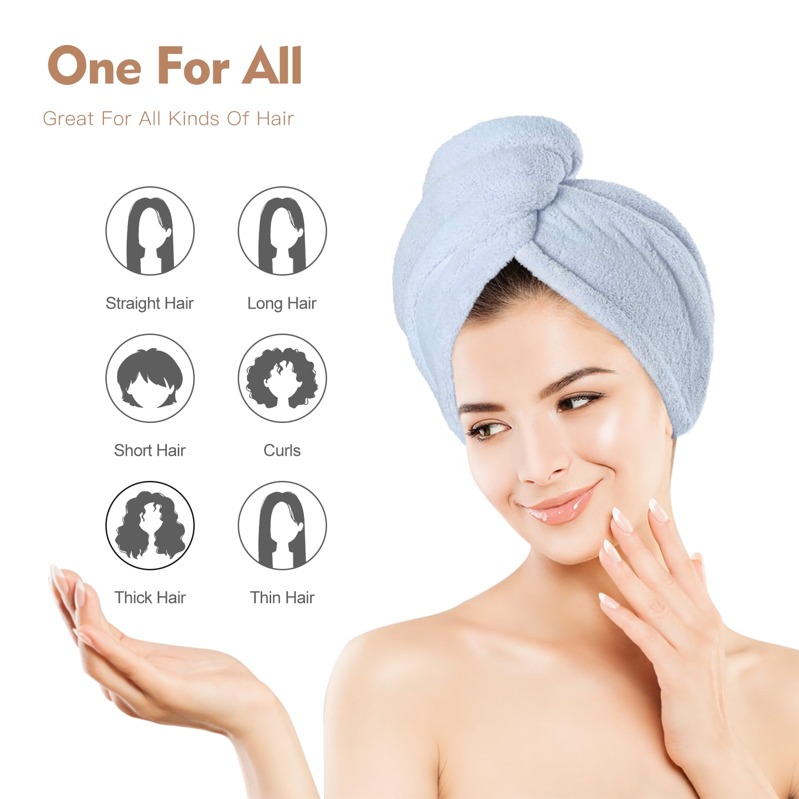 OEAGO microfiber hair towel wrapped on head demonstrates secure fit with button