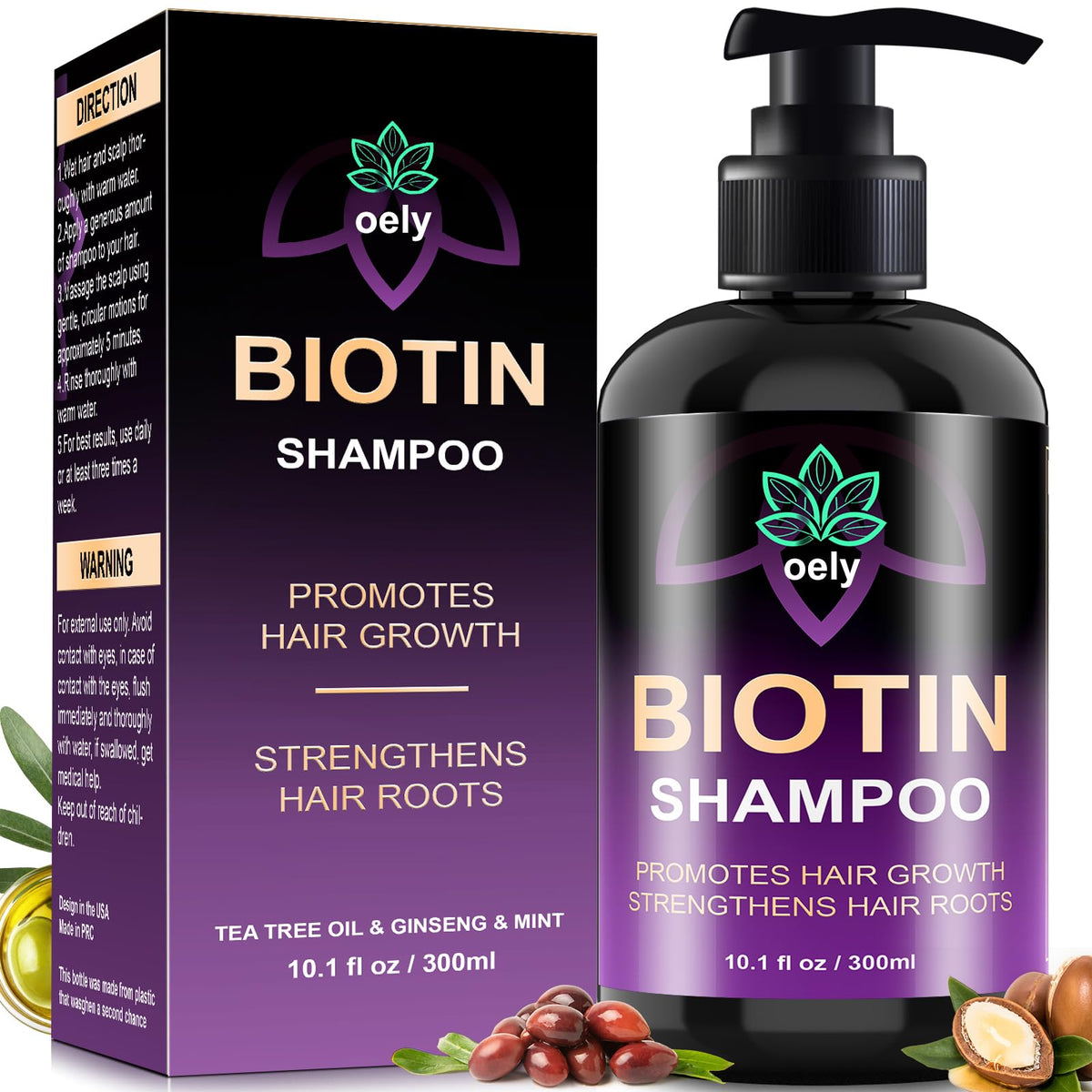 oely biotin hair growth shampoo bottle demonstrates root-activator benefits for fuller hair.