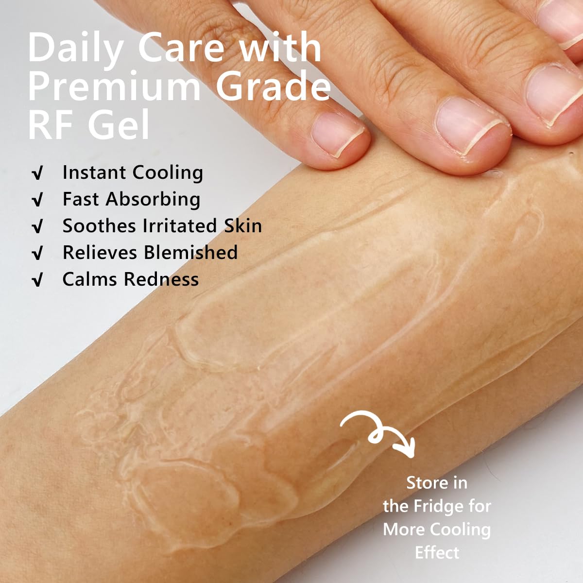 Oeneis RF Gel clear water-based formula shown on skin during treatment.
