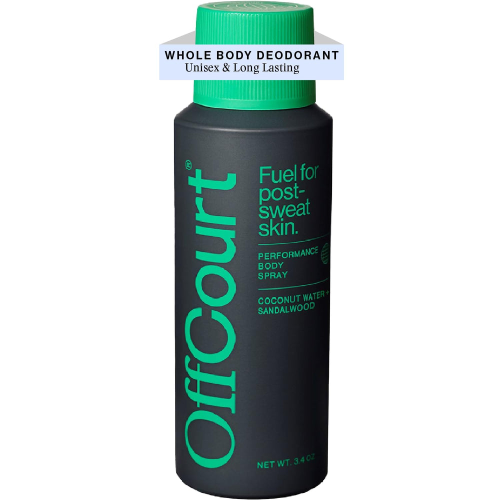 OffCourt natural deodorant body spray bottle shows aluminum-free formula for all-day freshness.