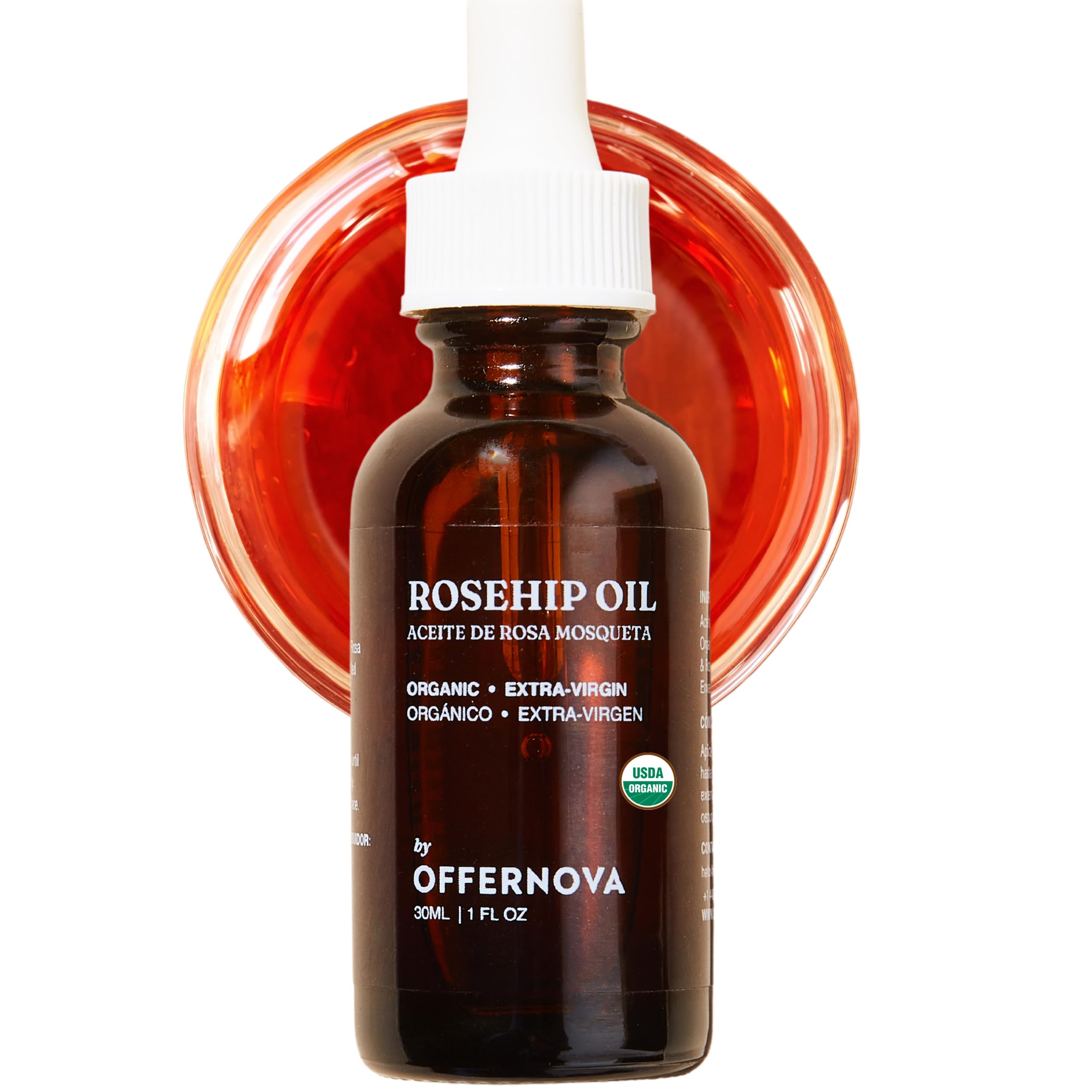 Offernova Rosa Mosqueta oil bottle for daily brightening skincare rituals.