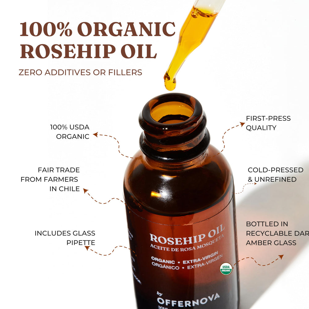 Offernova rosehip oil dropper enables precise application for nourishing skin.