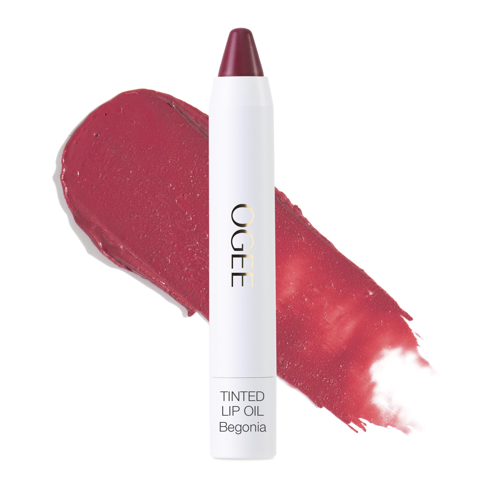Ogee Begonia lip oil bottle shows sheer red tint for daily moisture.